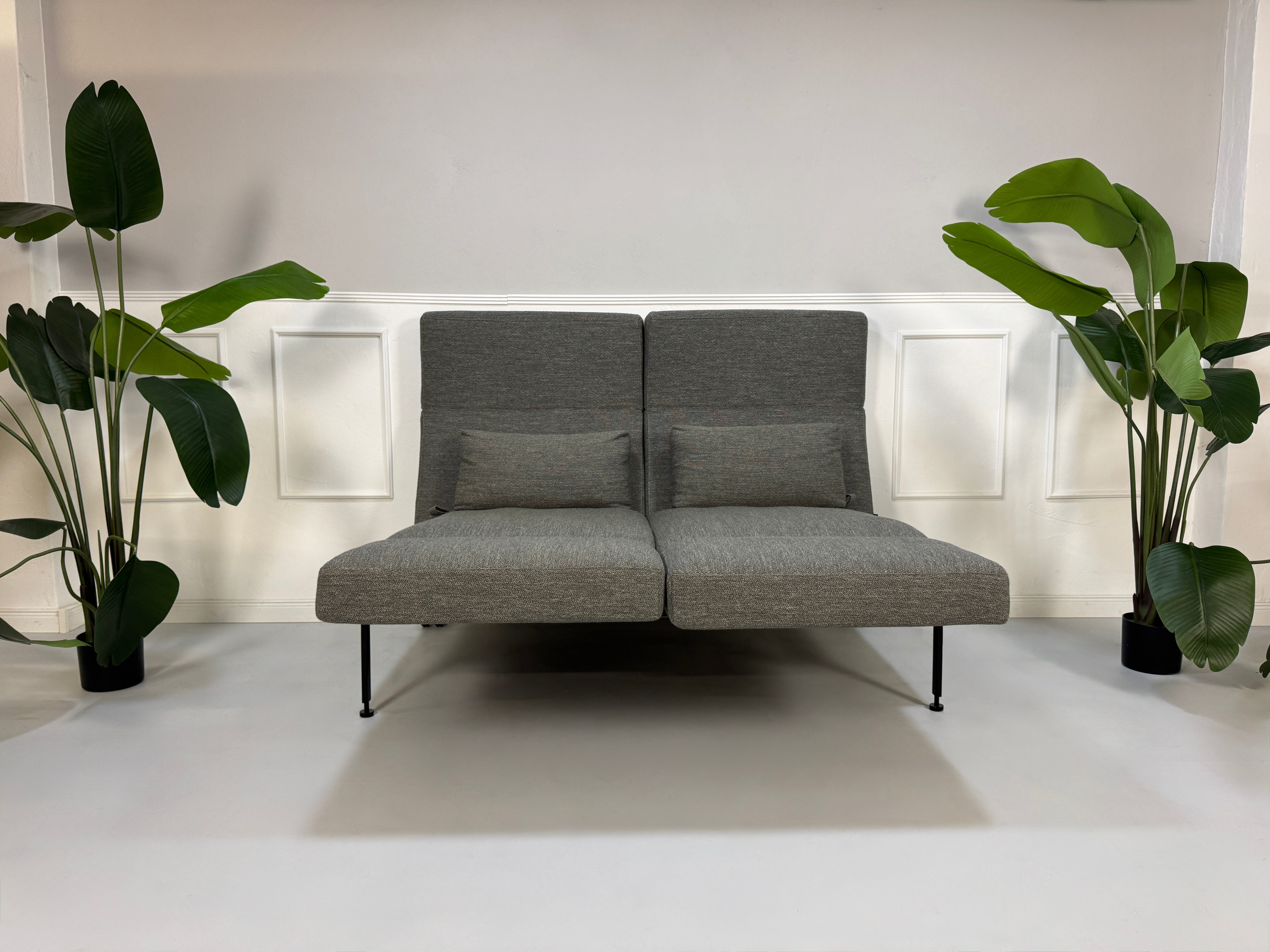 Gebrauchtes graues Stoffsofa Brühl Modell Roro Soft vor einer modernen Wand.