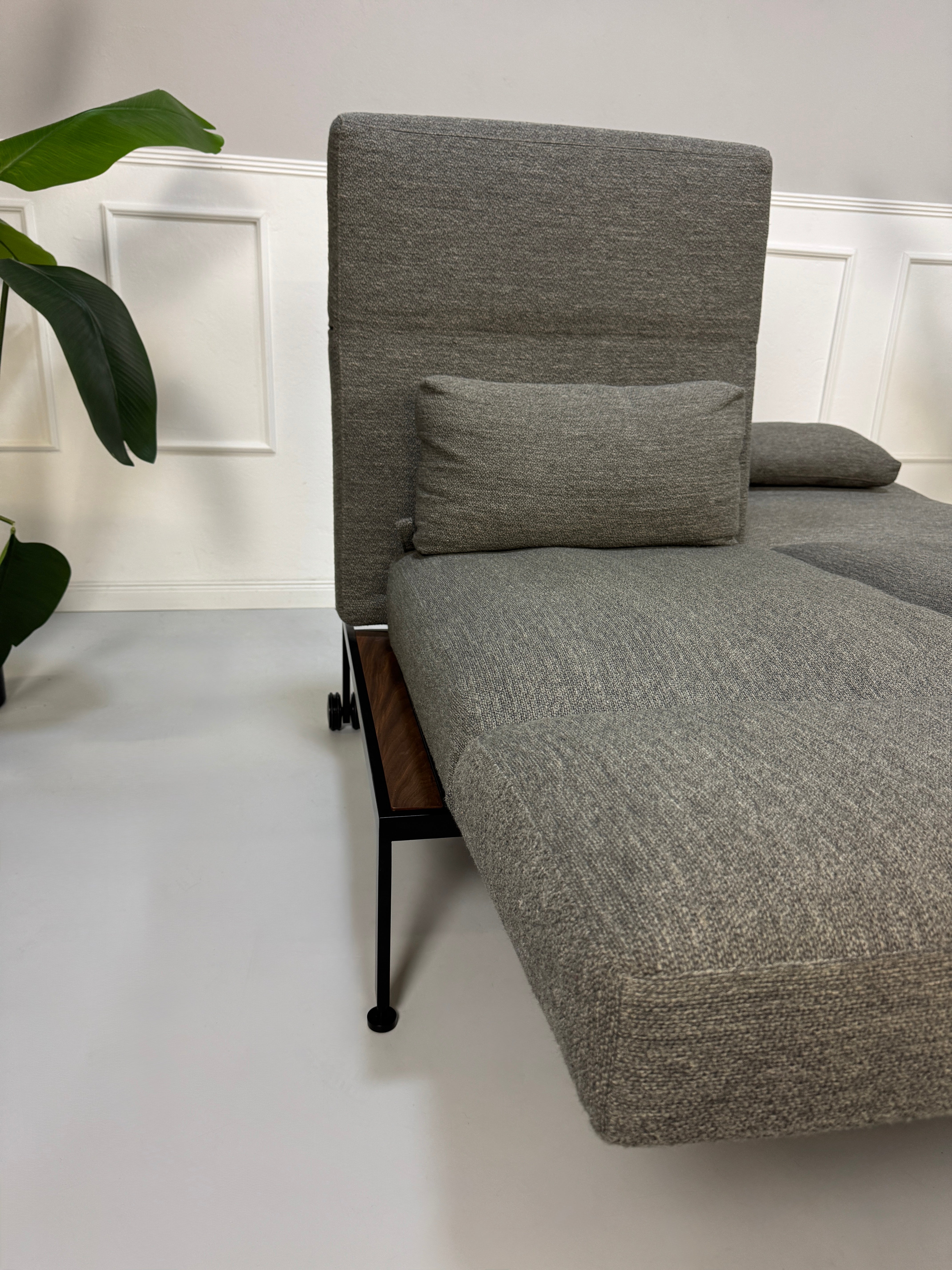Gebrauchtes graues Stoffsofa Brühl Modell Roro Soft vor einer modernen Wand.