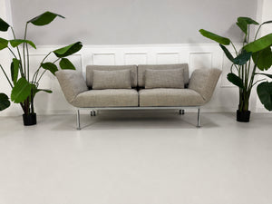 Gebrauchtes graues Brühl Roro Soft Designer Stoff Sofa vor einer Wand, stilvoll und modern eingerichtet.