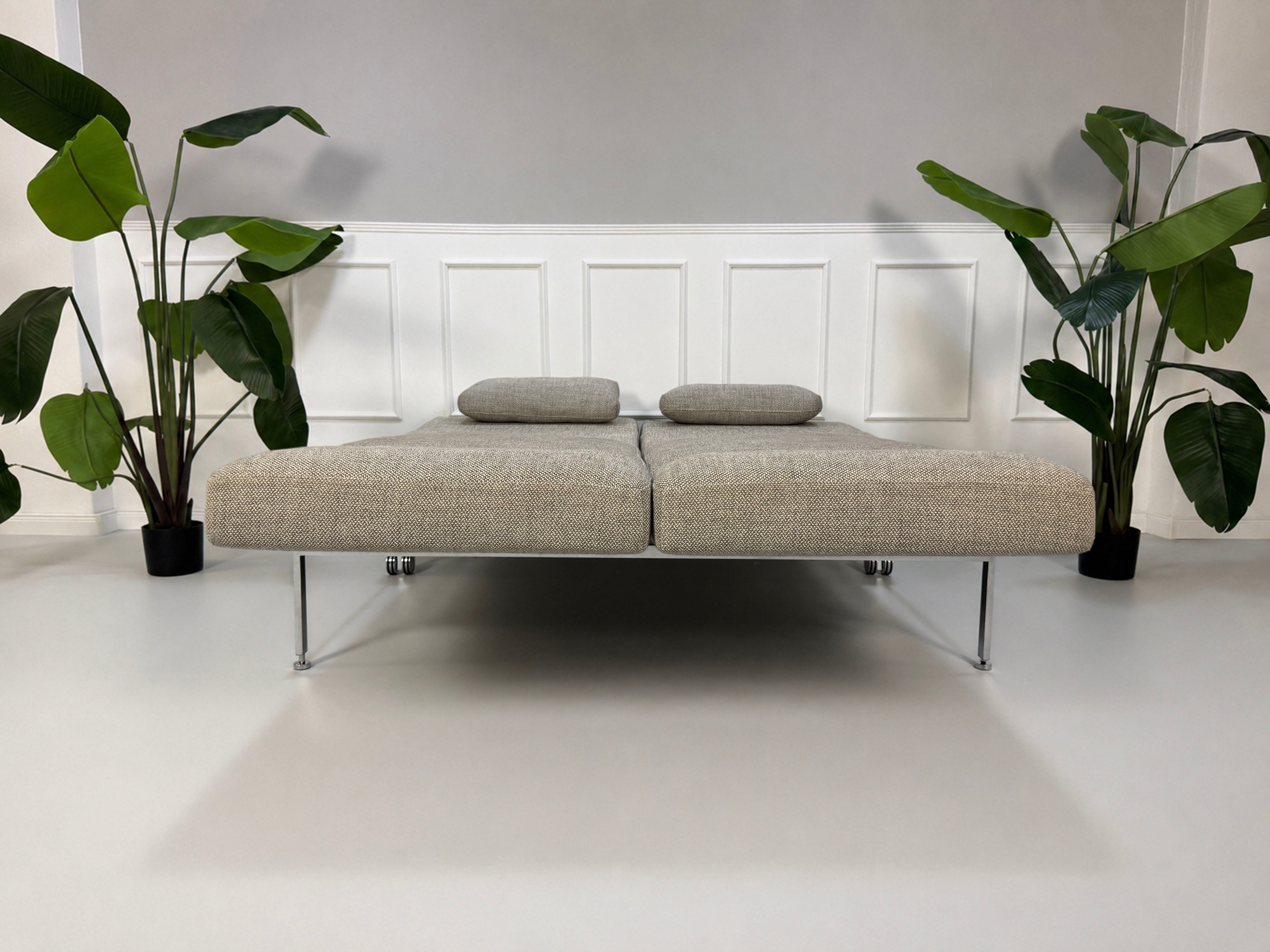 Gebrauchtes graues Brühl Roro Soft Designer Stoff Sofa vor einer Wand, stilvoll und modern eingerichtet.