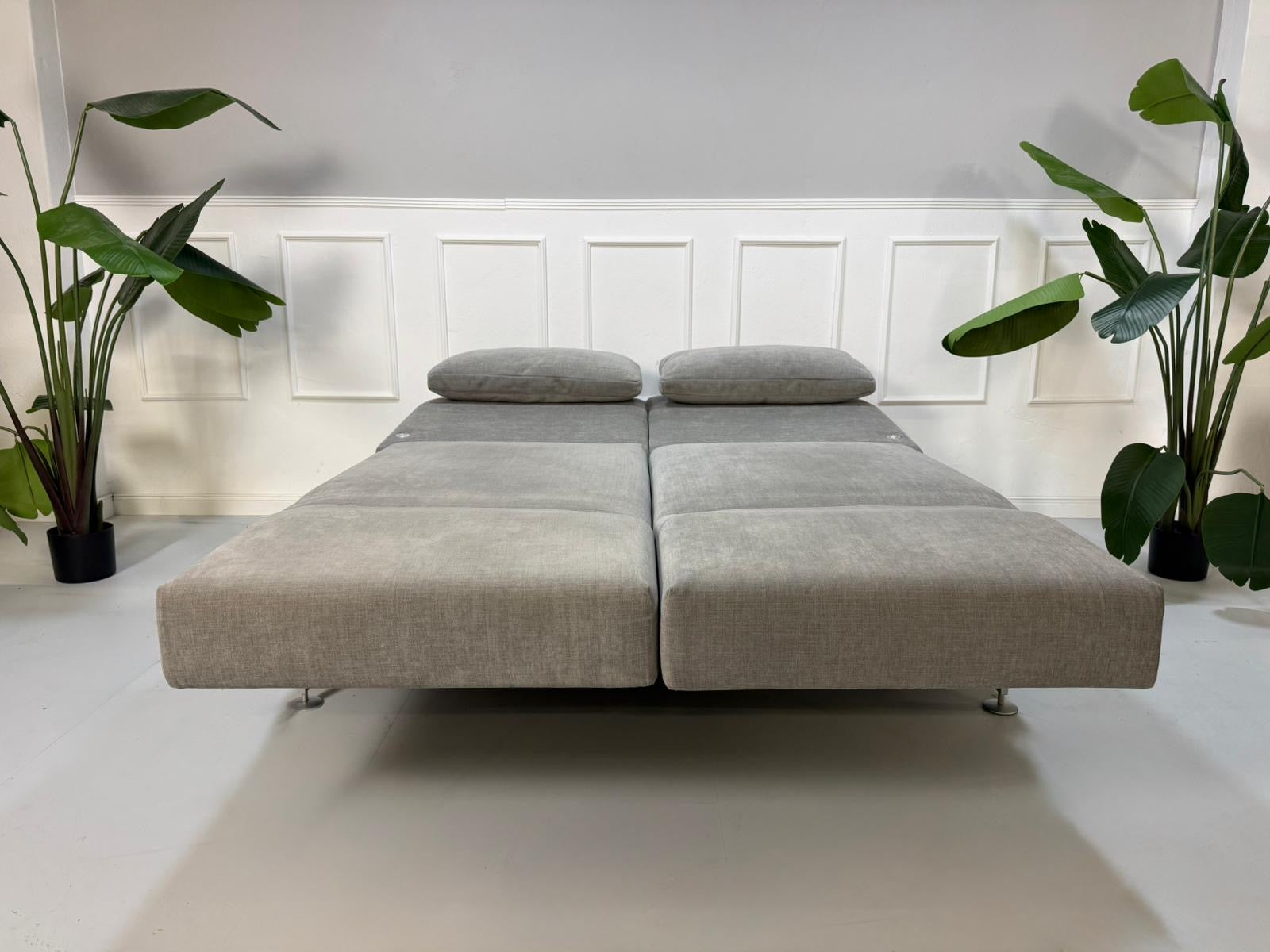 Gebrauchtes graues Stoffsofa Brühl Modell Moule vor einer modernen Wand.
