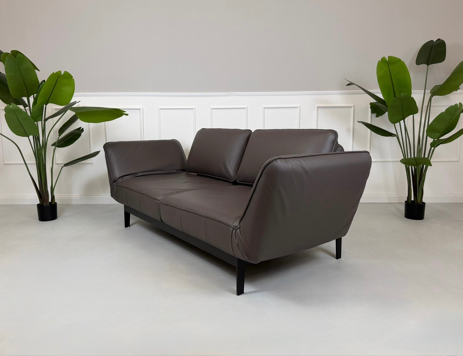 Gebrauchtes braunes Ledersofa Rolf Benz Modell Mera vor einer modernen Wand.
