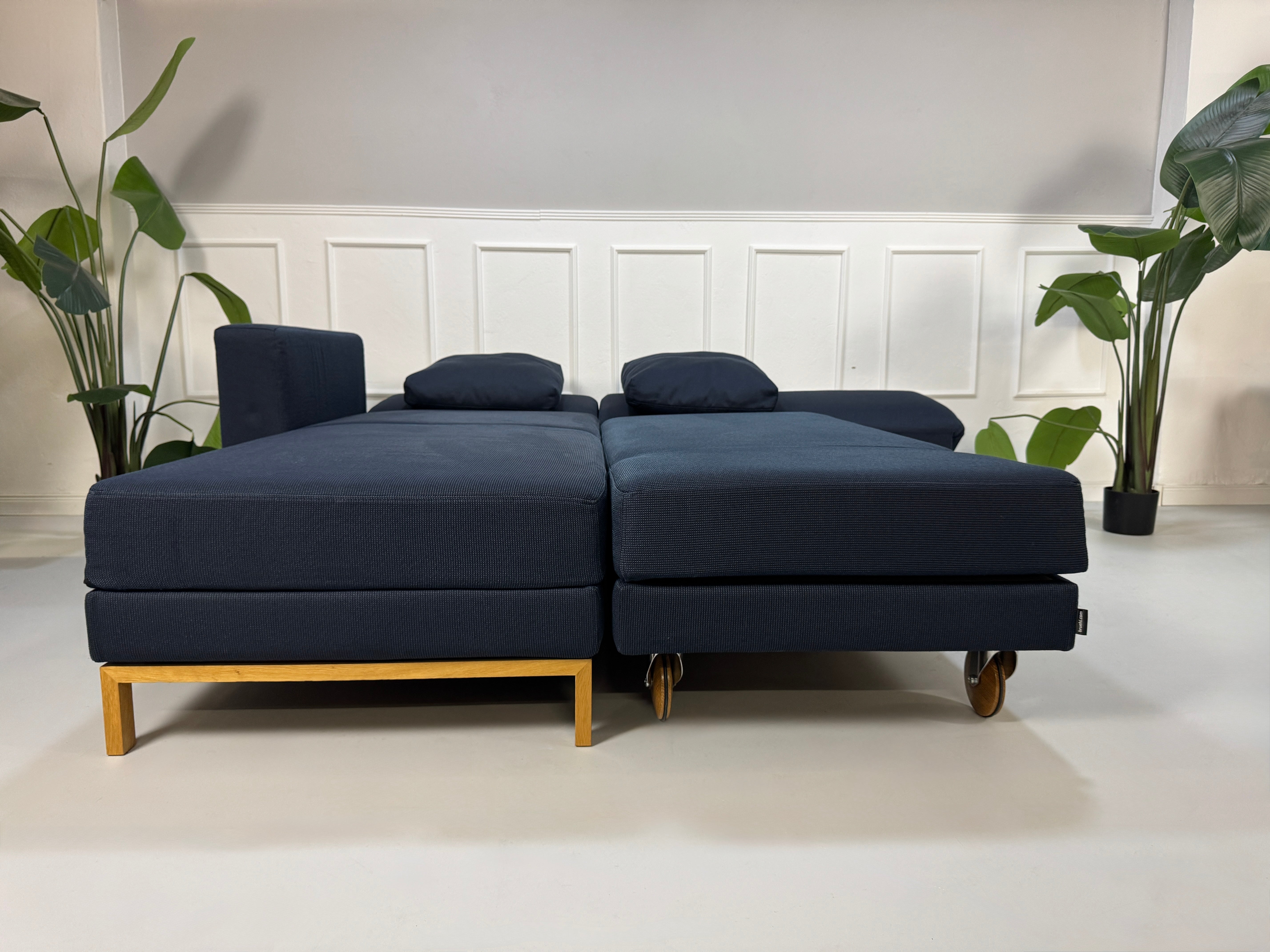 Gebrauchtes blaues Stoffsofa Brühl Modell Fourtwo vor einer modernen Wand.
