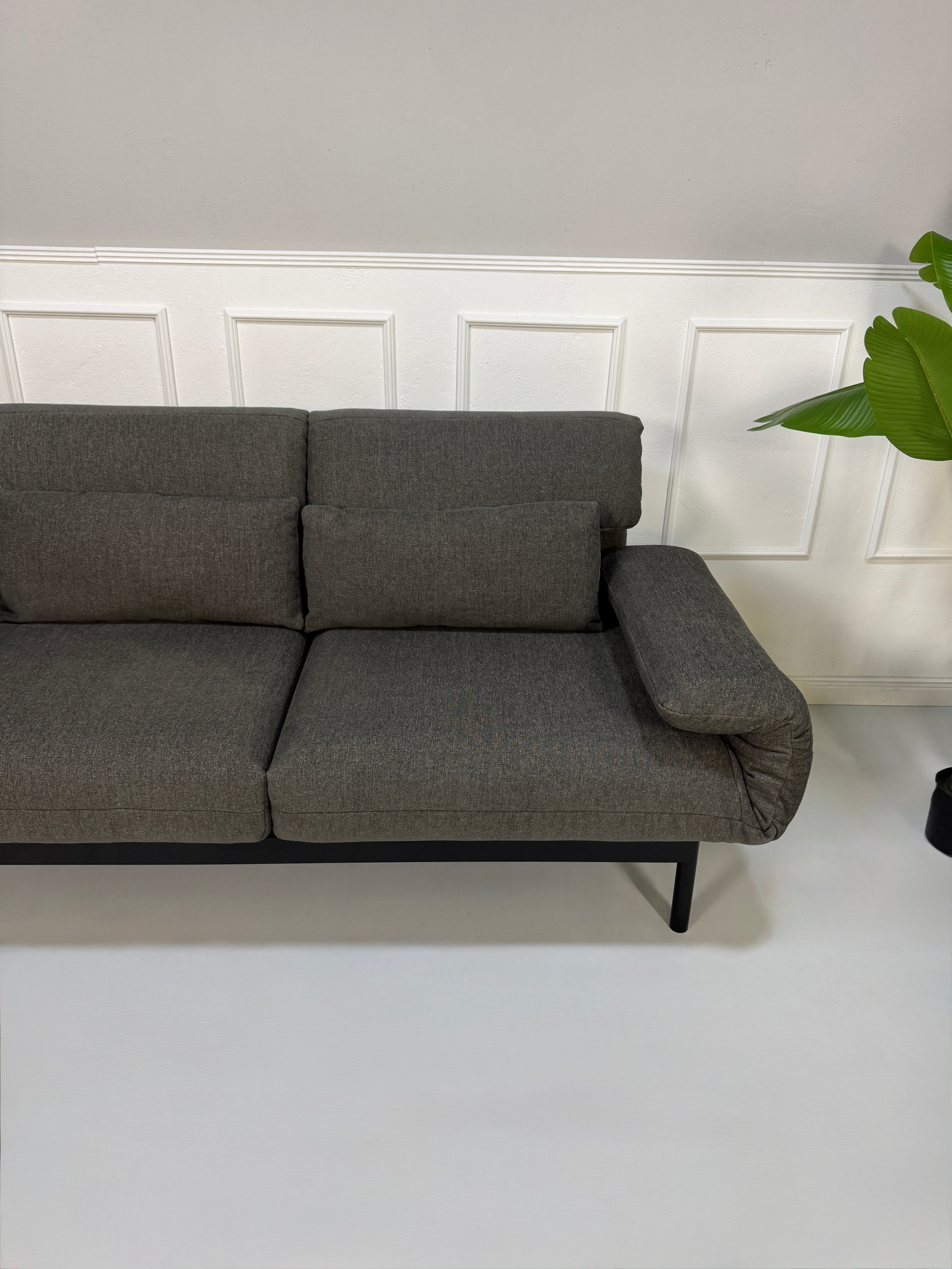 Gebrauchtes graues Stoffsofa Rolf Benz Modell Plura vor einer modernen Wand.