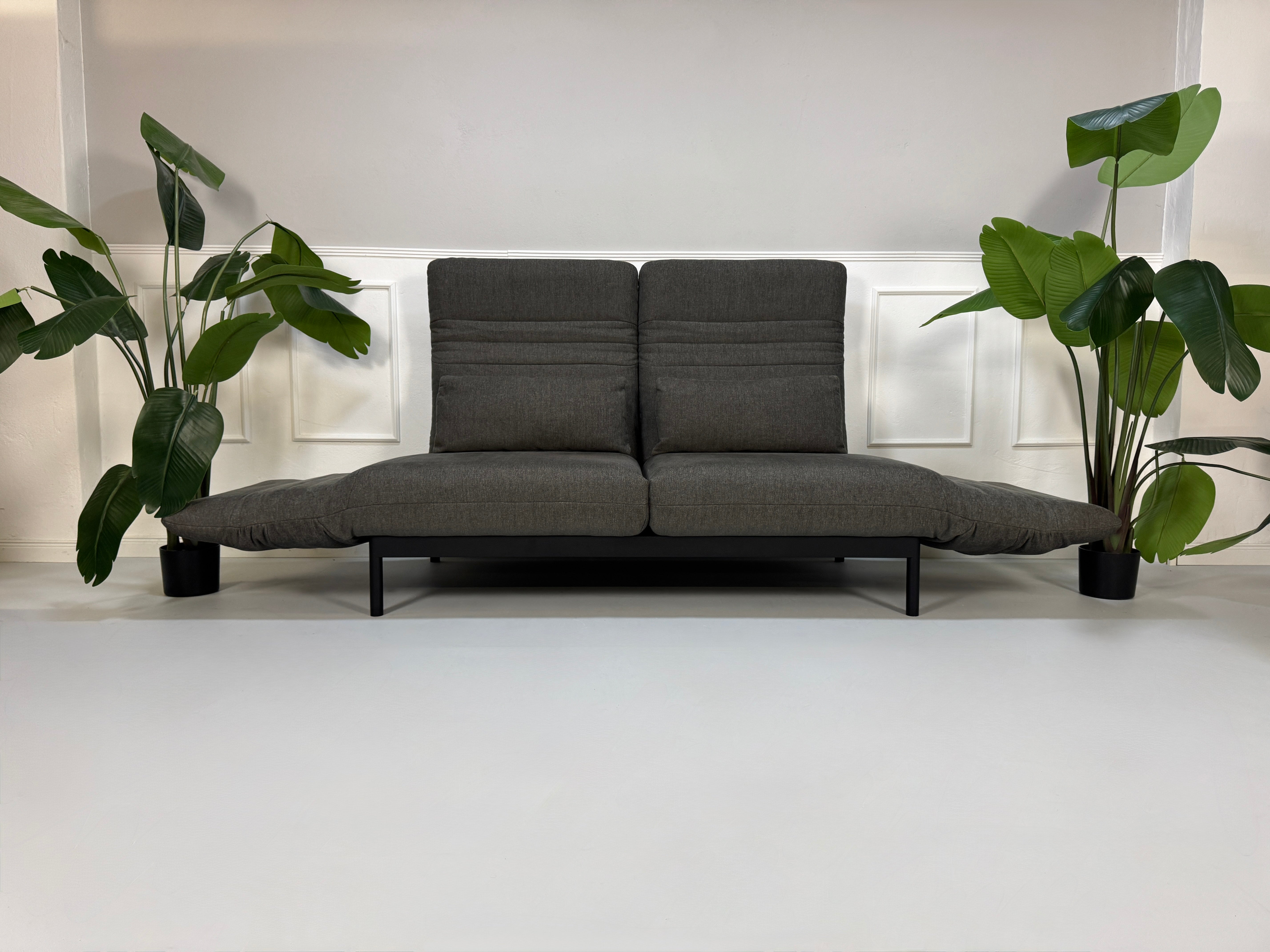 Gebrauchtes graues Stoffsofa Rolf Benz Modell Plura vor einer modernen Wand.