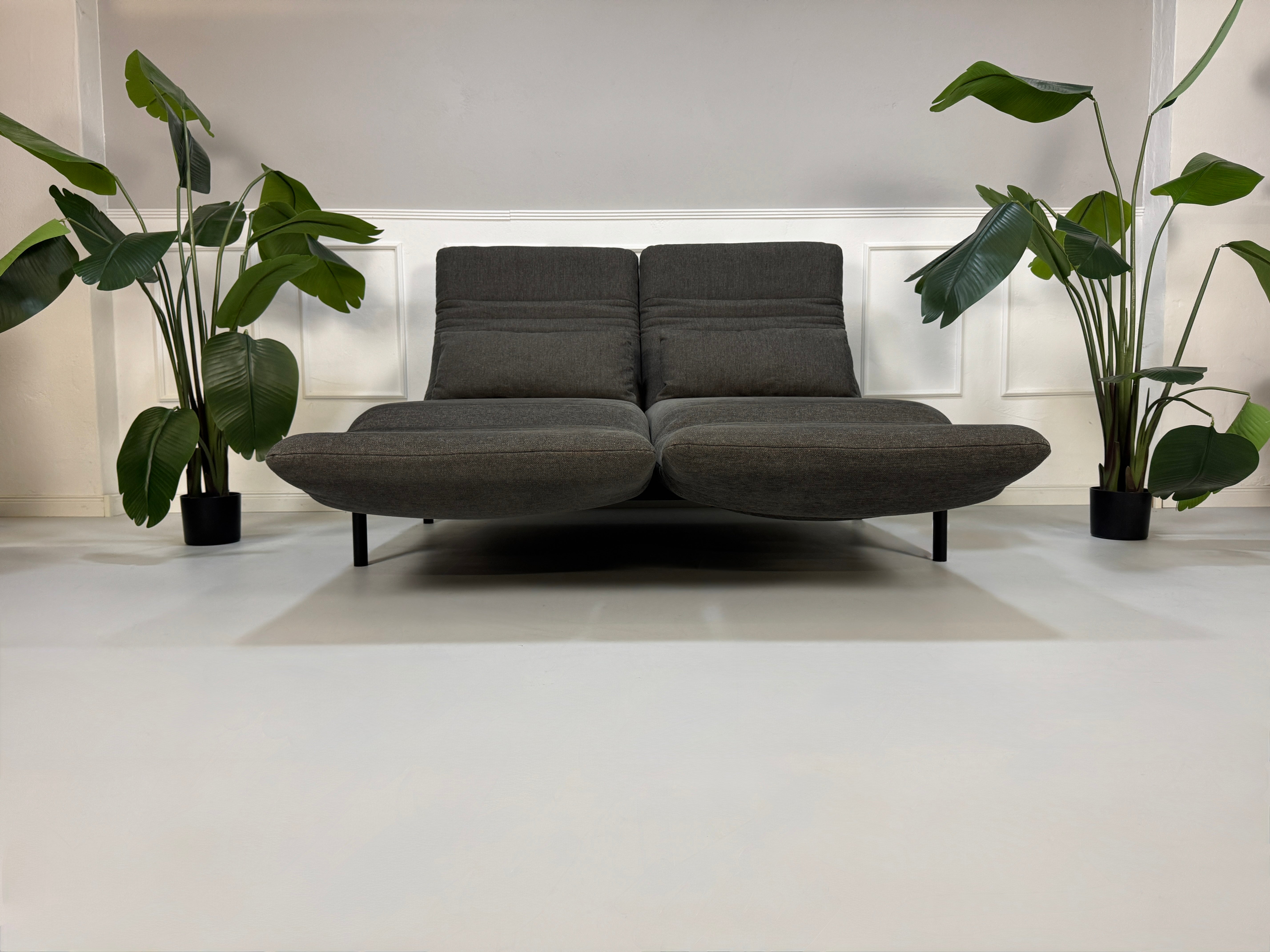 Gebrauchtes graues Stoffsofa Rolf Benz Modell Plura vor einer modernen Wand.