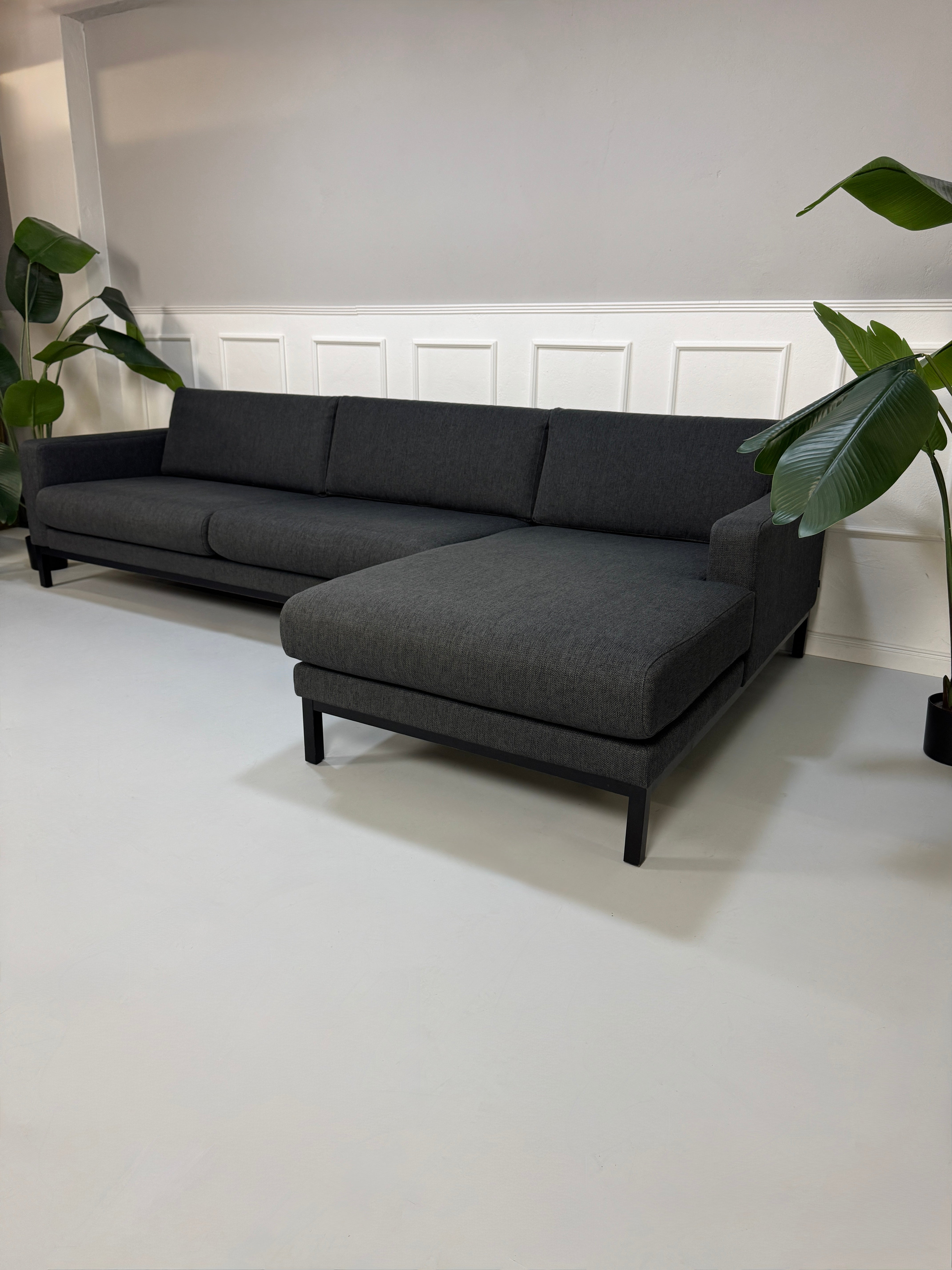 Gebrauchtes graues Stoffsofa Bolia Modell North vor einer modernen Wand.