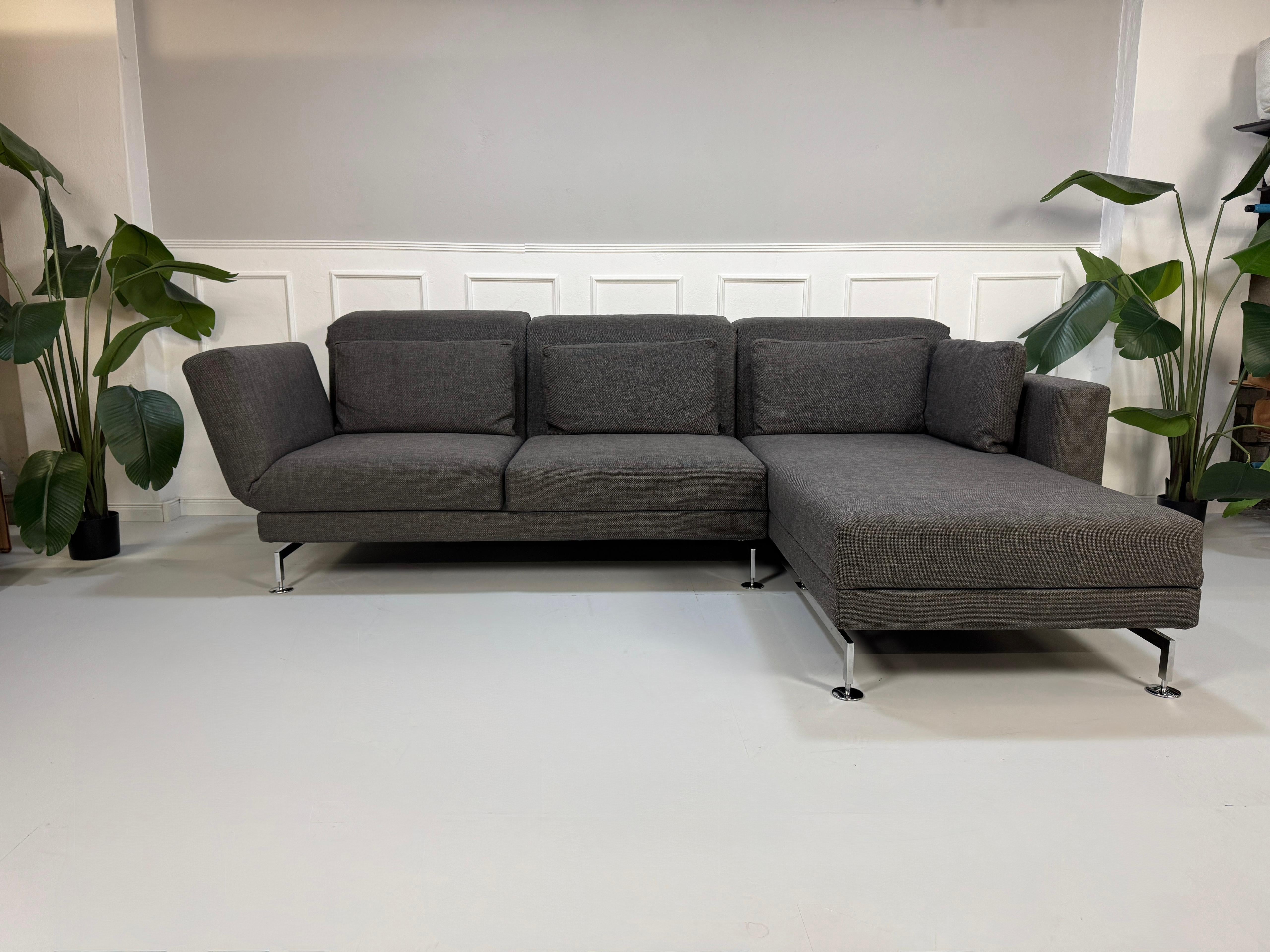 Gebrauchtes graues Stoffsofa Brühl Modell Moule vor einer modernen Wand.