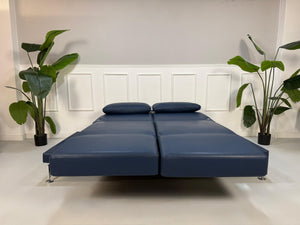 Gebrauchtes Brühl Moule Designer Leder Sofa in der Farbe Blau vor einer Wand, stilvoll und modern eingerichtet.