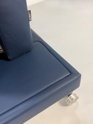 Gebrauchtes Brühl Moule Designer Leder Sofa in der Farbe Blau vor einer Wand, stilvoll und modern eingerichtet.
