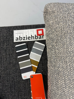 Gebrauchtes Brühl Moule Designer Stoff Sofa in der Farbe Grau vor einer Wand, stilvoll und modern eingerichtet.