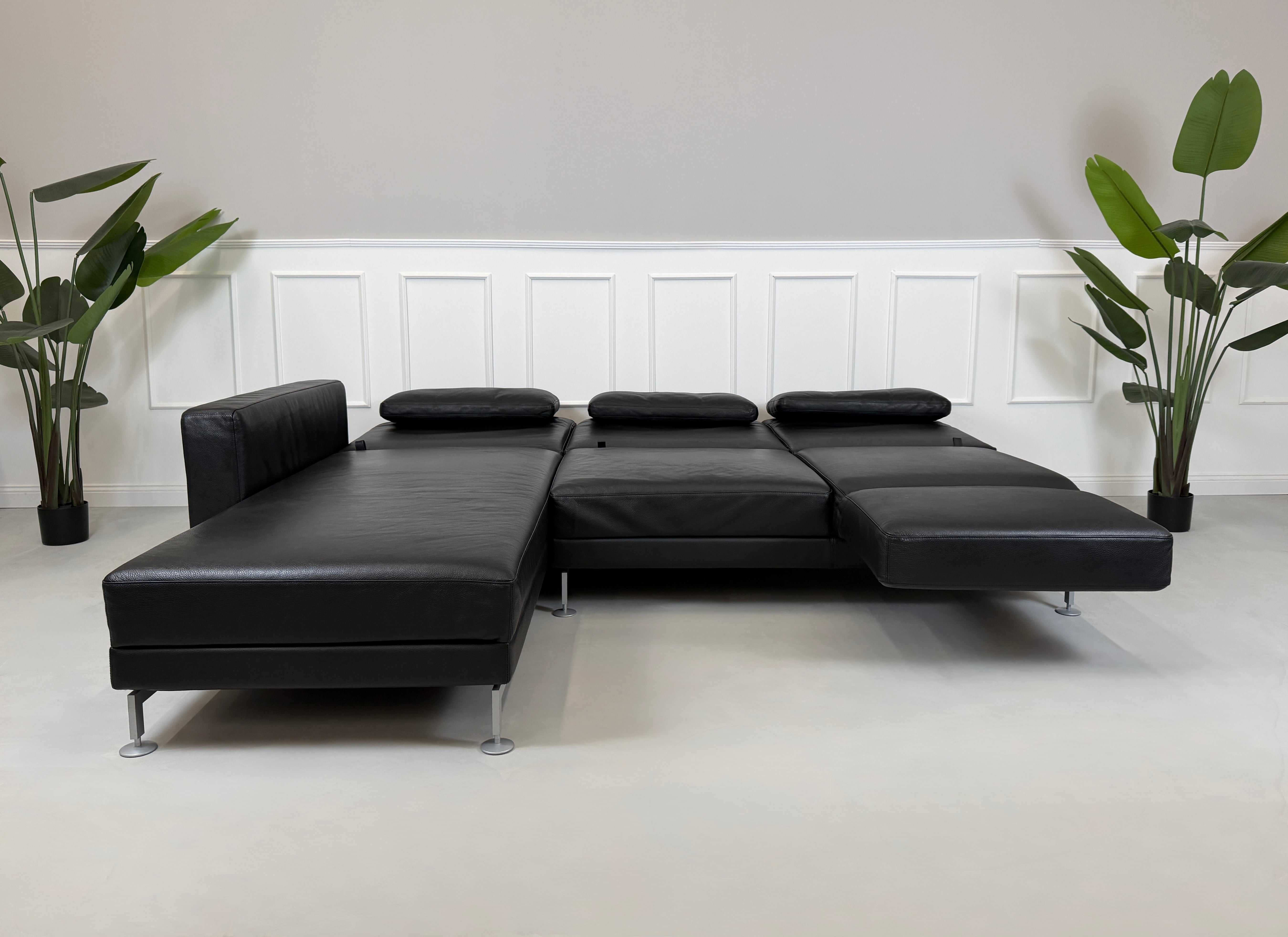 Refurbished Brühl Moule Designer Leder Sofa vor einer Wand, stilvoll und modern eingerichtet.