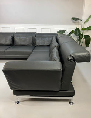 Gebrauchtes graues Brühl Moule Designer Leder Sofa vor einer Wand, stilvoll und modern eingerichtet.