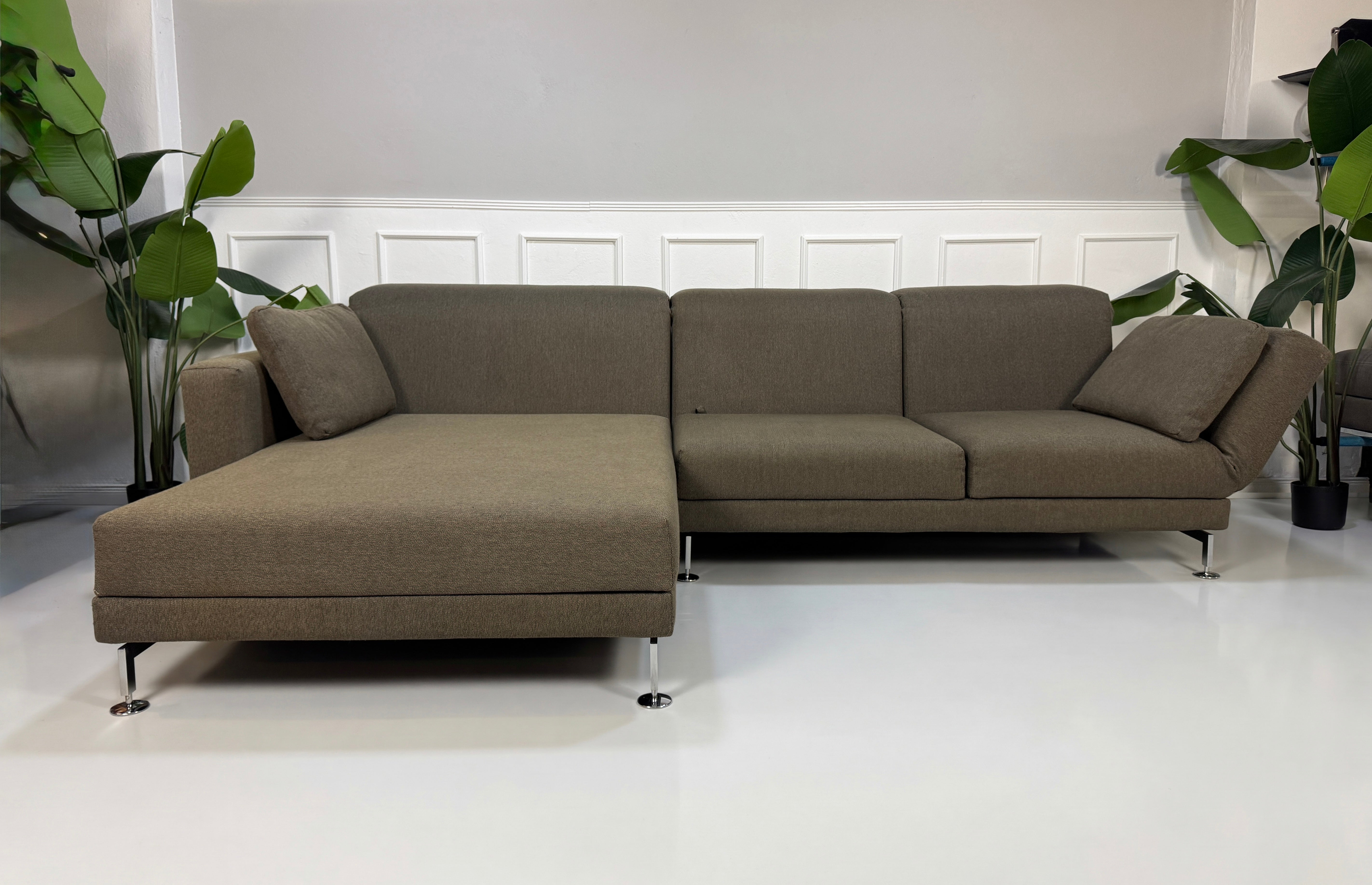Gebrauchtes braunes Brühl Moule Designer Stoff Sofa vor einer Wand, stilvoll und modern eingerichtet.