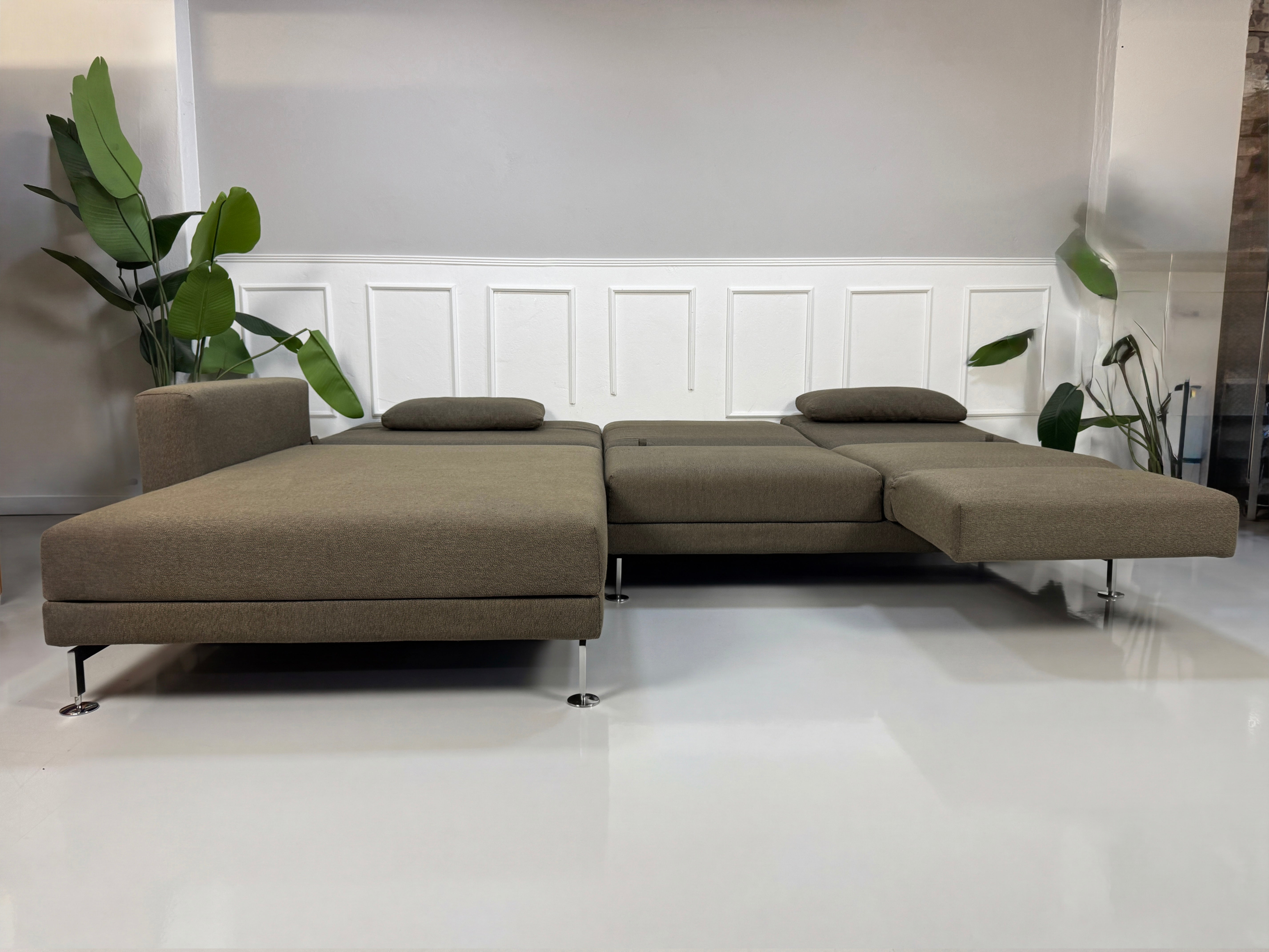 Gebrauchtes braunes Brühl Moule Designer Stoff Sofa vor einer Wand, stilvoll und modern eingerichtet.