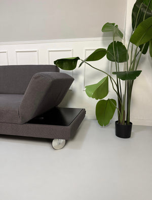Gebrauchtes grau blaues Brühl Four Two Designer Stoff Sofa vor einer Wand, stilvoll und modern eingerichtet.