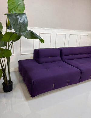Gebrauchtes lila B&B Italia Tufty Too Designer Stoff Sofa vor einer Wand, stilvoll und modern eingerichtet.