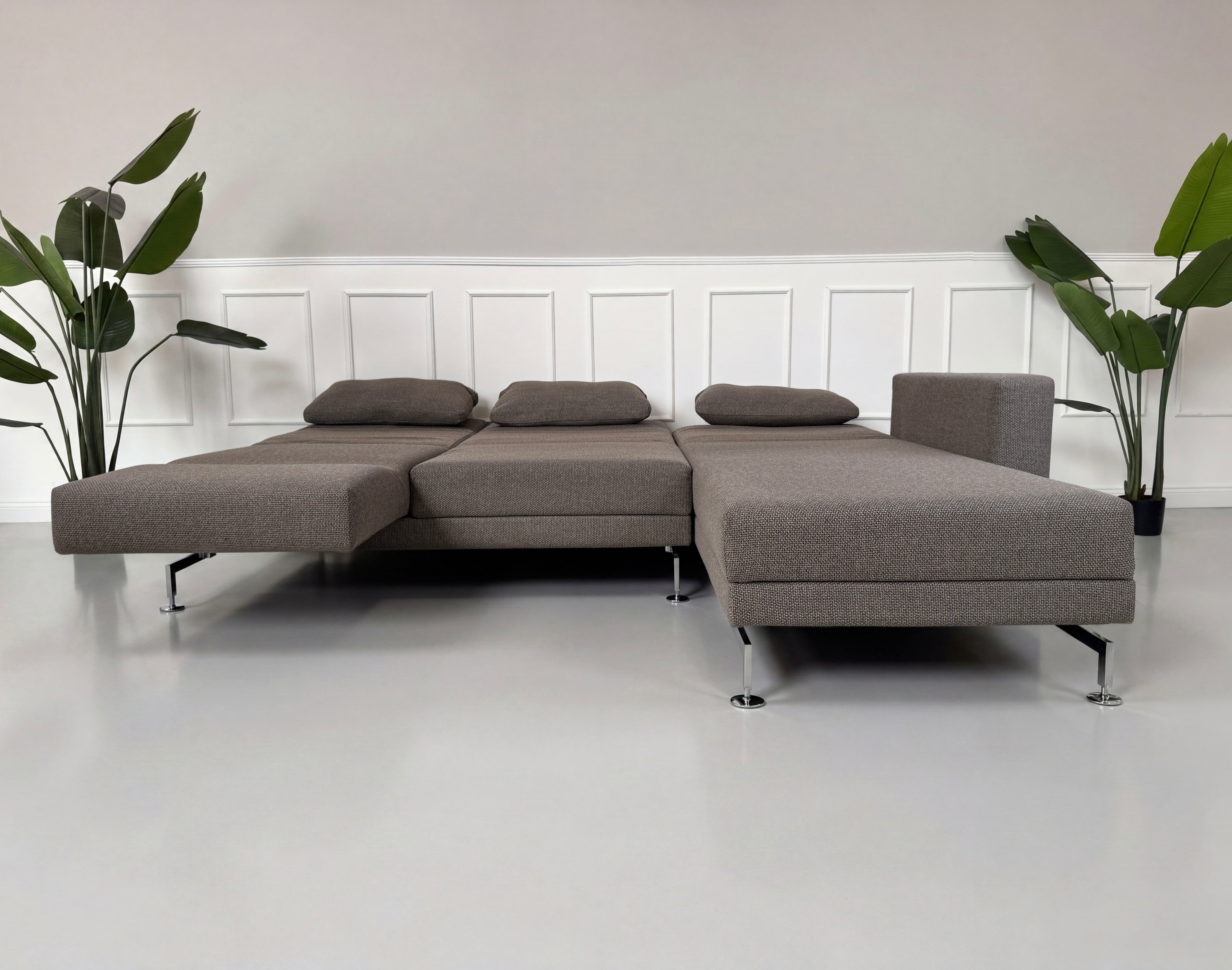 Gebrauchtes braun graues Brühl Moule Designer Stoff Sofa vor einer Wand, stilvoll und modern eingerichtet.