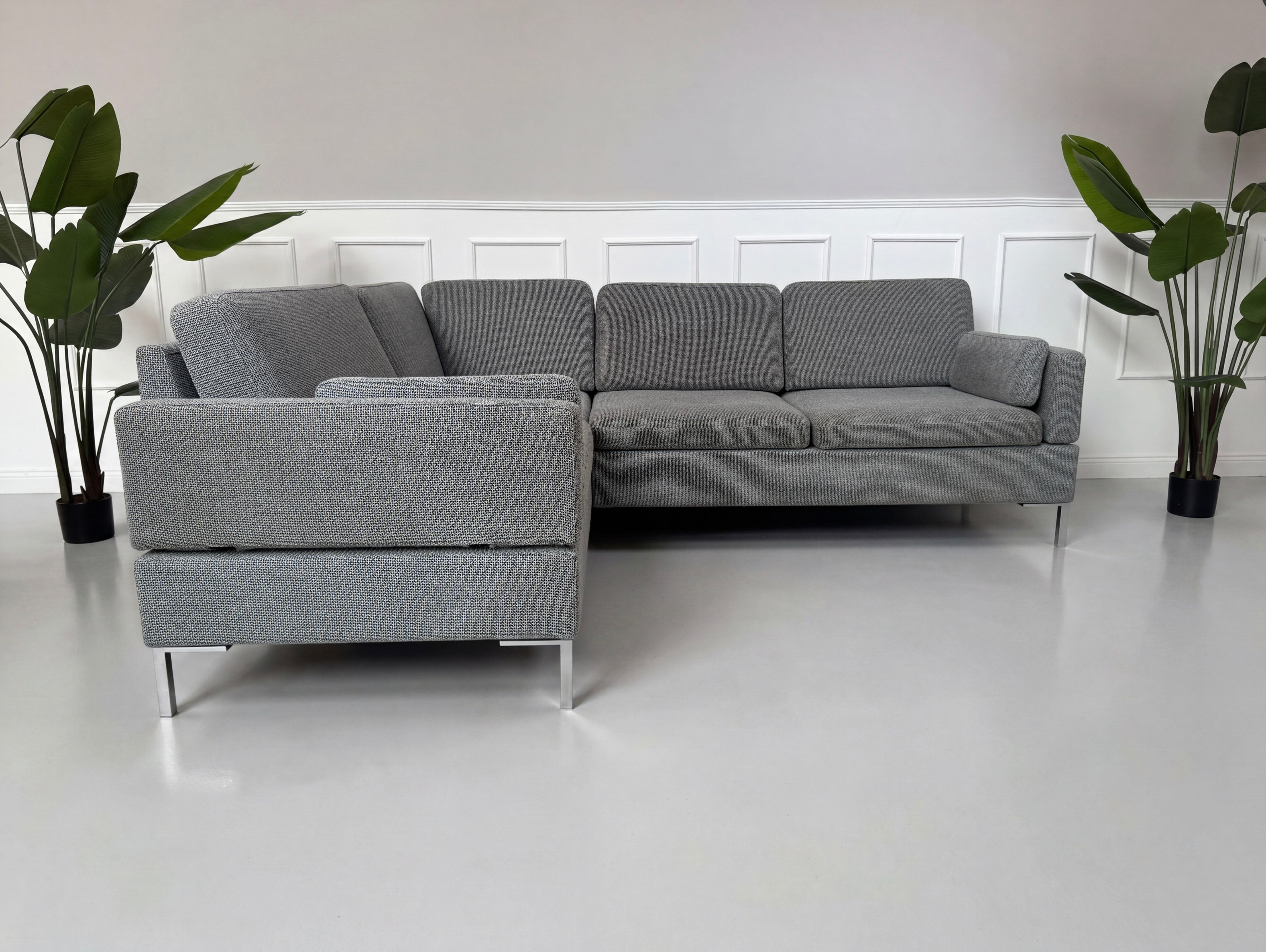 Gebrauchtes graues Brühl Alba Designer Stoff Sofa vor einer Wand, stilvoll und modern eingerichtet.