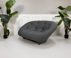 Gebrauchtes graues Ligne Roset Designer Stoff Sofa vor einer Wand, stilvoll und modern eingerichtet.