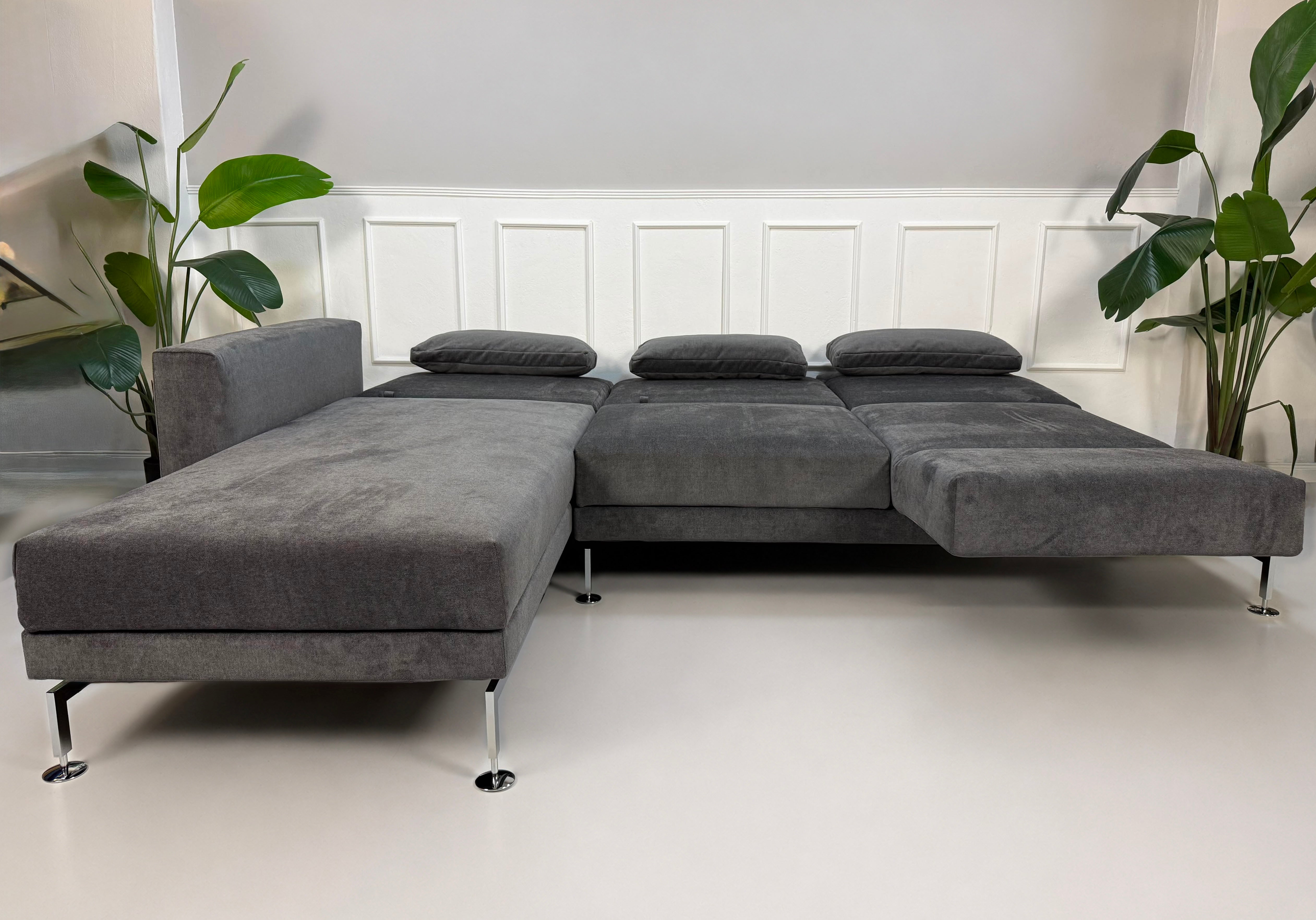 Ausstellungsstück Brühl Moule Designer Stoff Sofa in Grau vor einer Wand, stilvoll und modern eingerichtet.