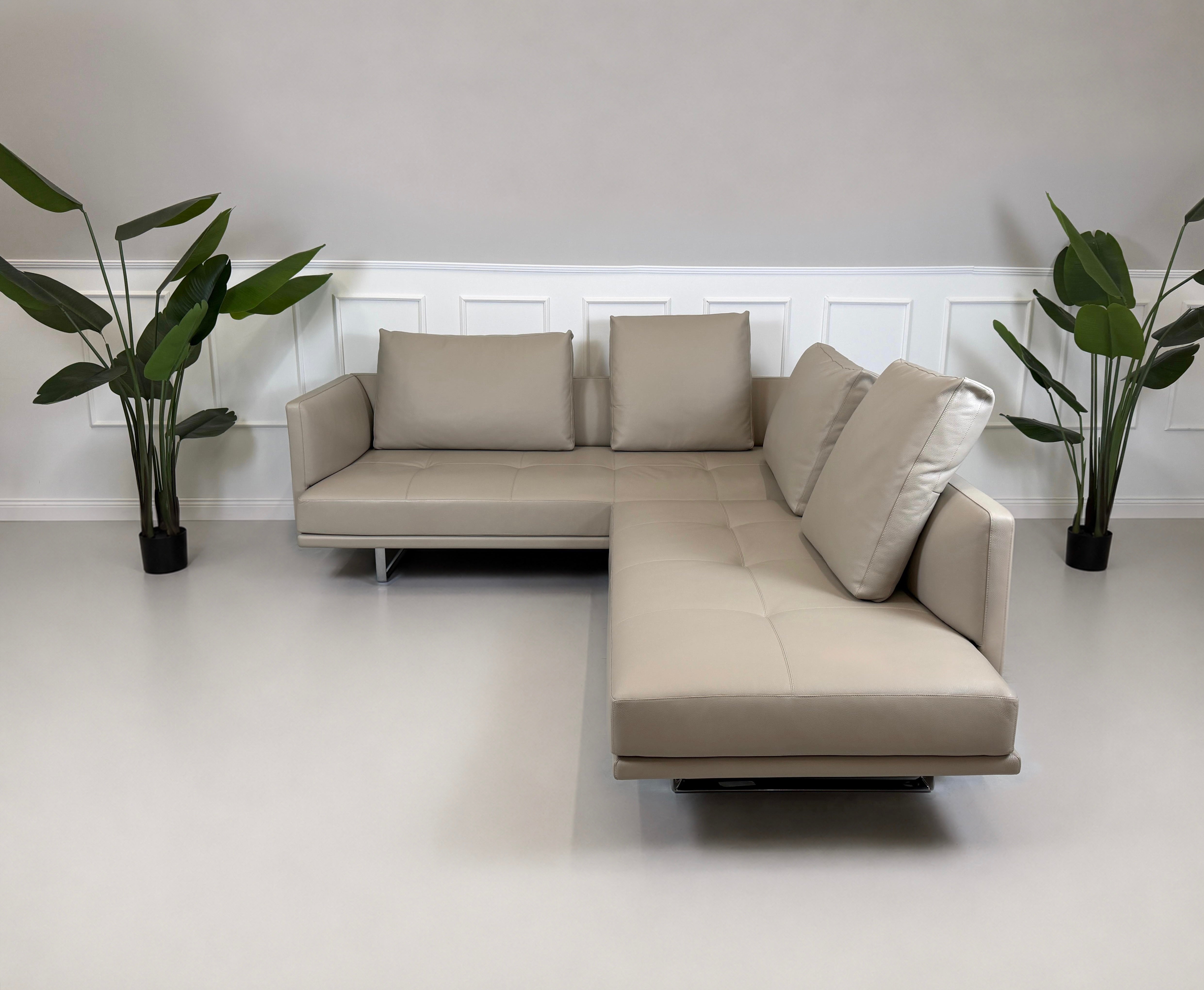 Ausstellungsstück Walter Knoll Prime Time Designer Leder Sofa vor einer Wand, stilvoll und modern eingerichtet.