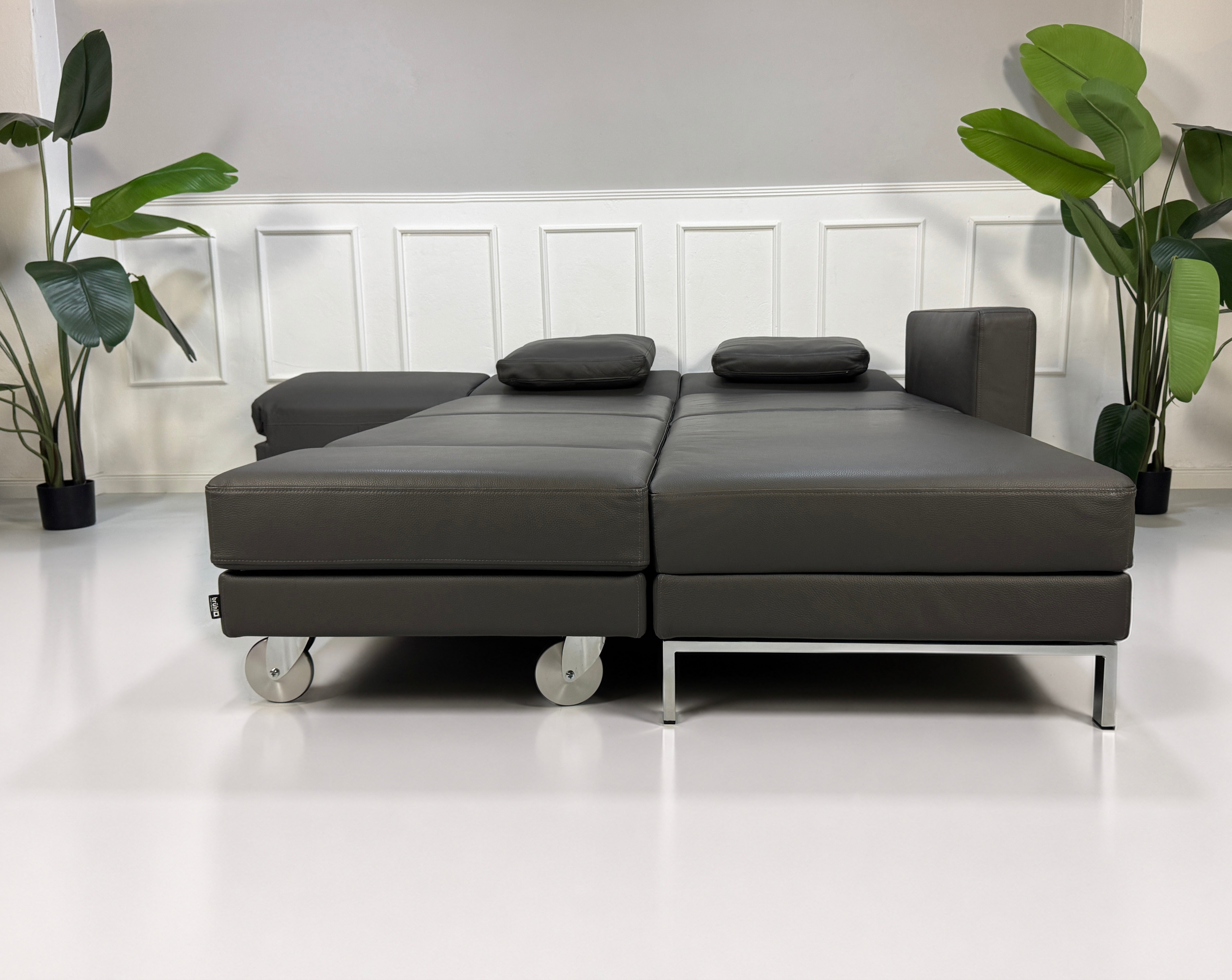 Ausstellungsstück Brühl Four Two Designer Leder Sofa vor einer Wand, stilvoll und modern eingerichtet.