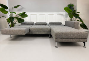 Gebrauchtes graues Brühl Moule Designer Stoff Sofa vor einer Wand, stilvoll und modern eingerichtet.