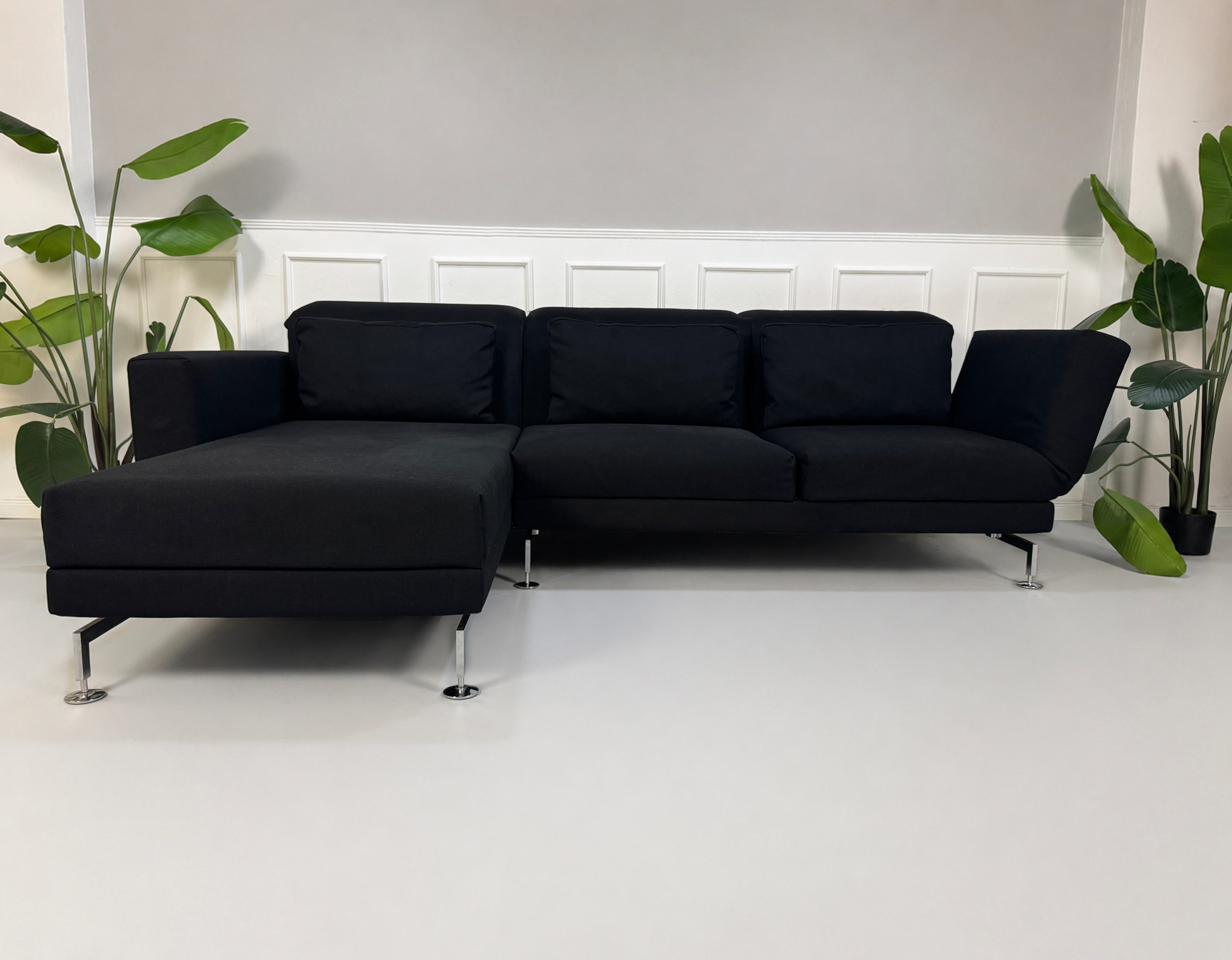 Gebrauchtes schwarzes Brühl Moule Designer Stoff Sofa vor einer Wand, stilvoll und modern eingerichtet.