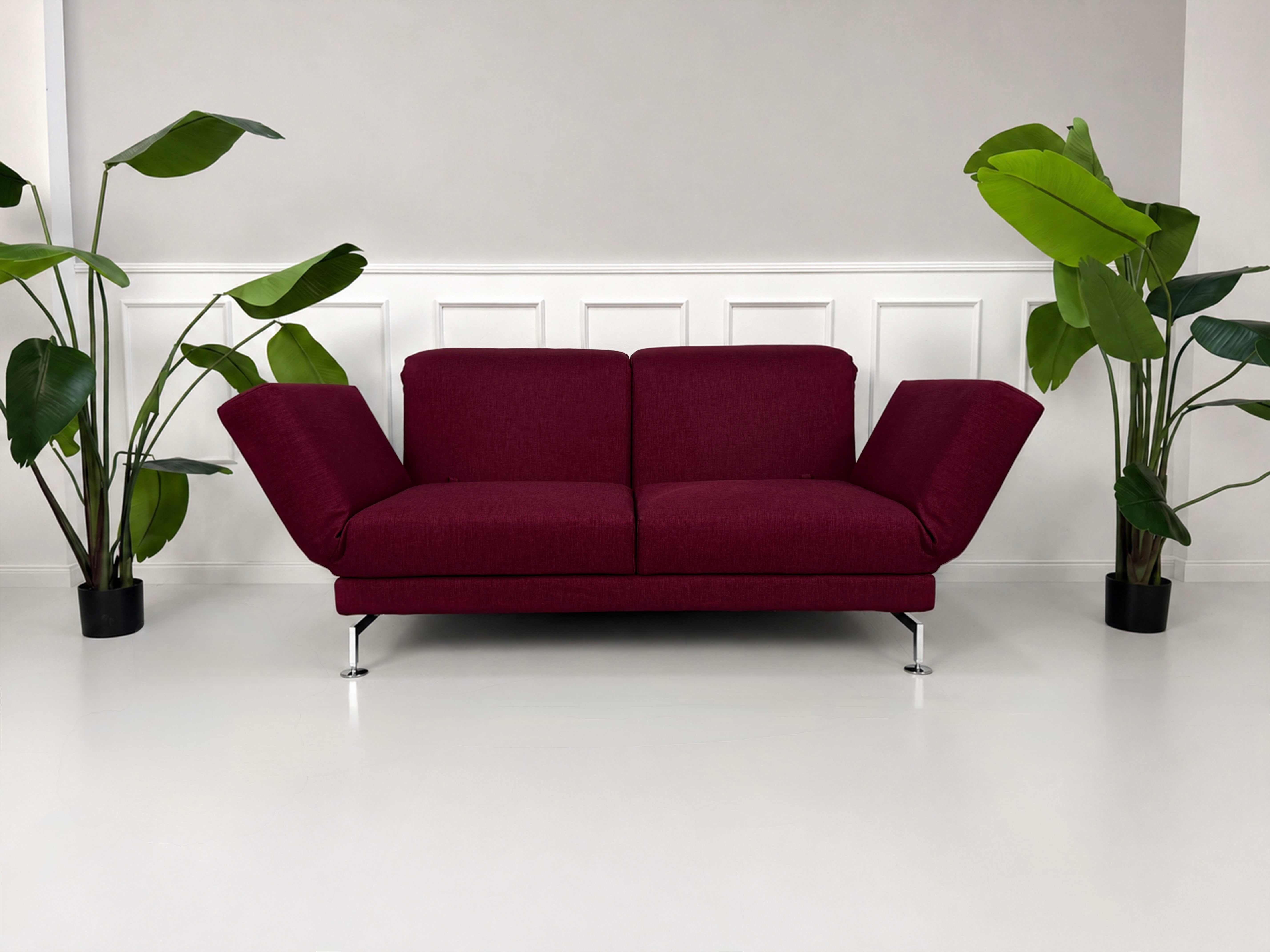 Gebrauchtes rotes Brühl Moule Designer Stoff Sofa vor einer Wand, stilvoll und modern eingerichtet.