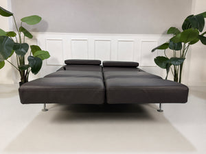 Gebrauchtes braunes Brühl Moule Designer Leder Sofa vor einer Wand, stilvoll und modern eingerichtet.