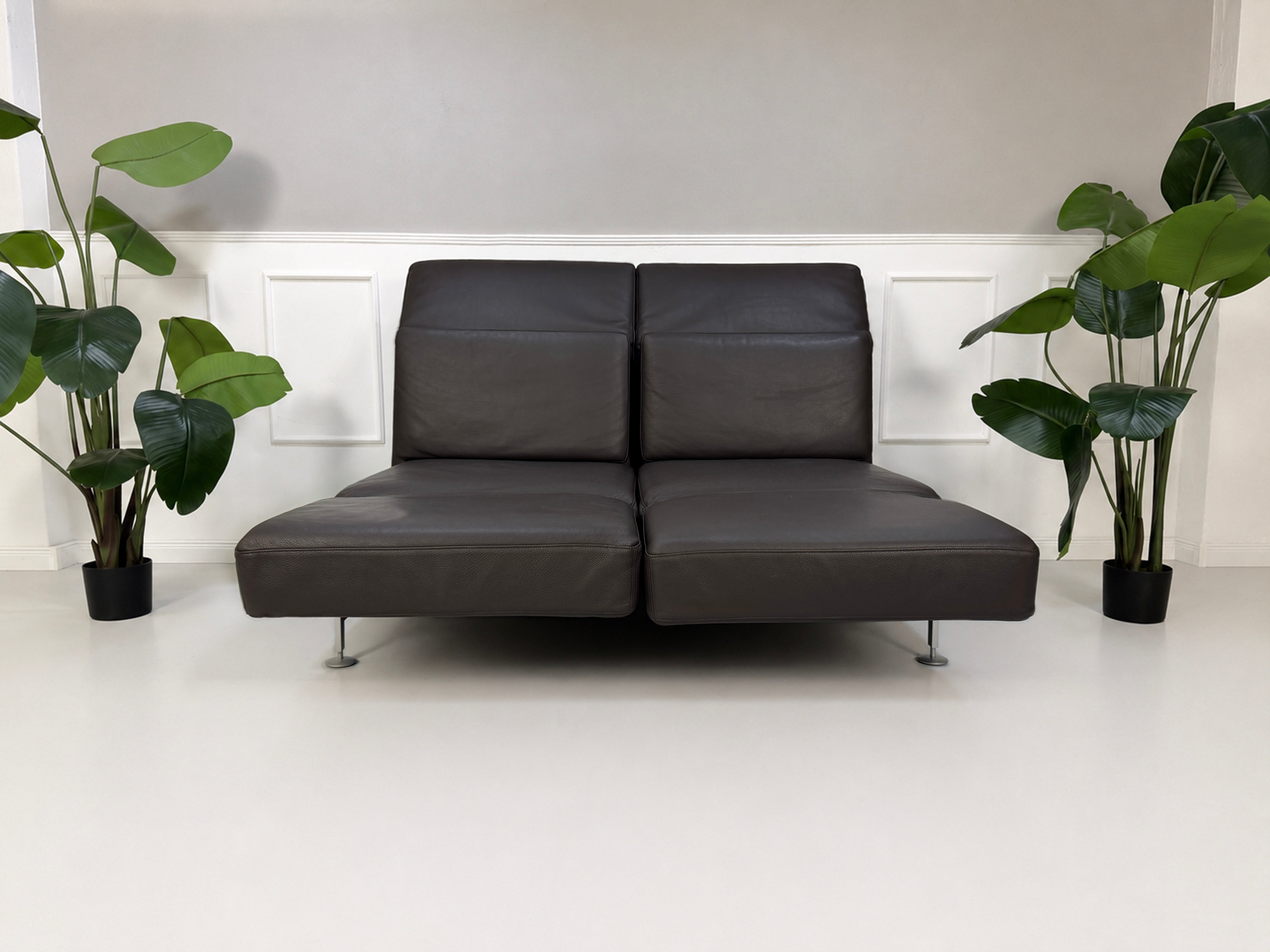 Gebrauchtes braunes Brühl Moule Designer Leder Sofa vor einer Wand, stilvoll und modern eingerichtet.