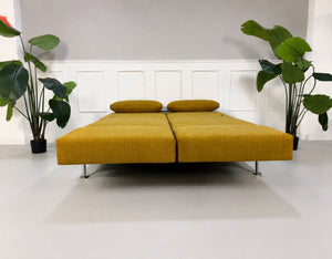 Gebrauchtes gelbes Brühl Moule Designer Stoff Sofa vor einer Wand, stilvoll und modern eingerichtet.