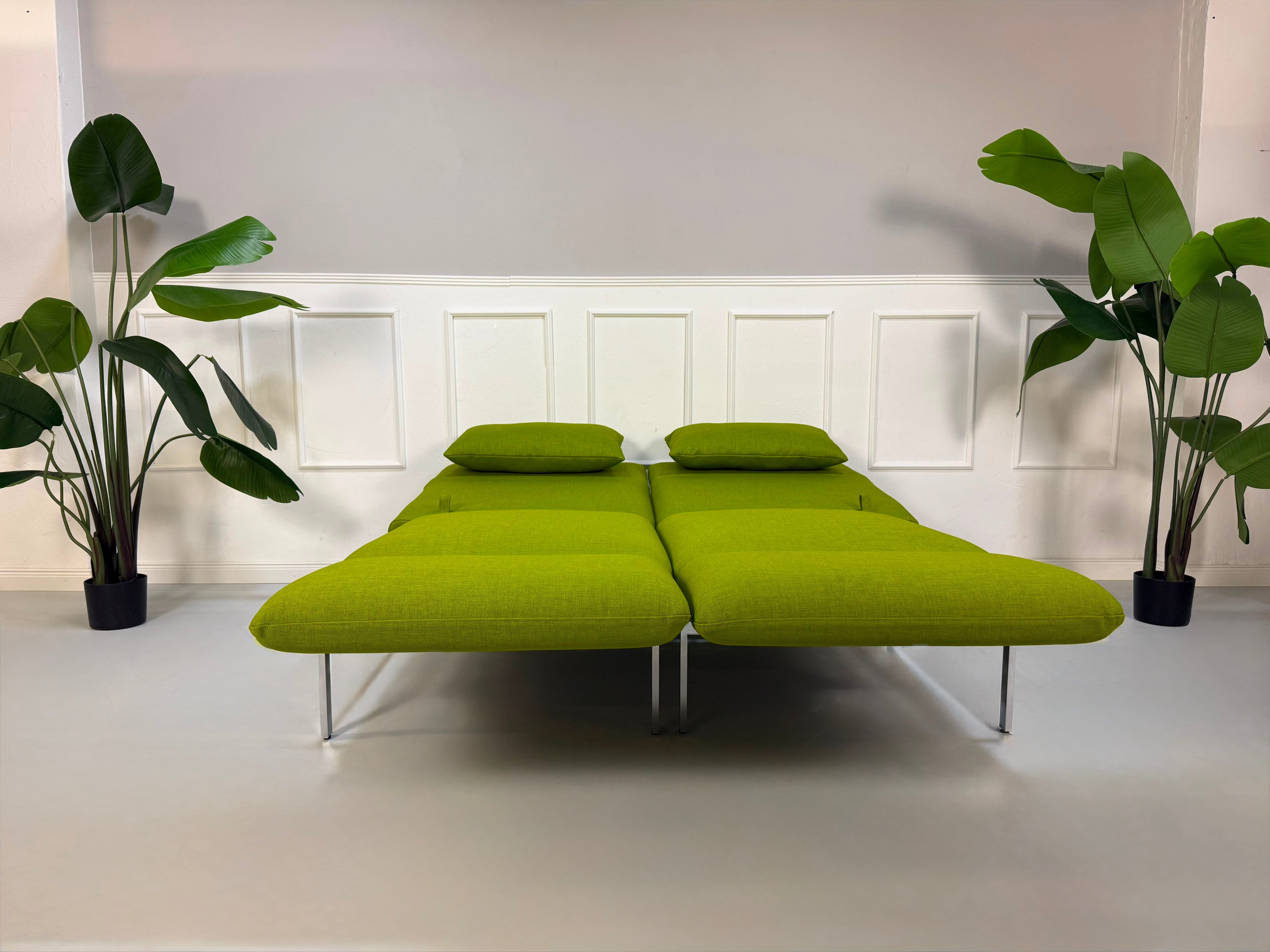 Gebrauchtes grünes Brühl Roro Designer Stoff Sofa vor einer Wand, stilvoll und modern eingerichtet.