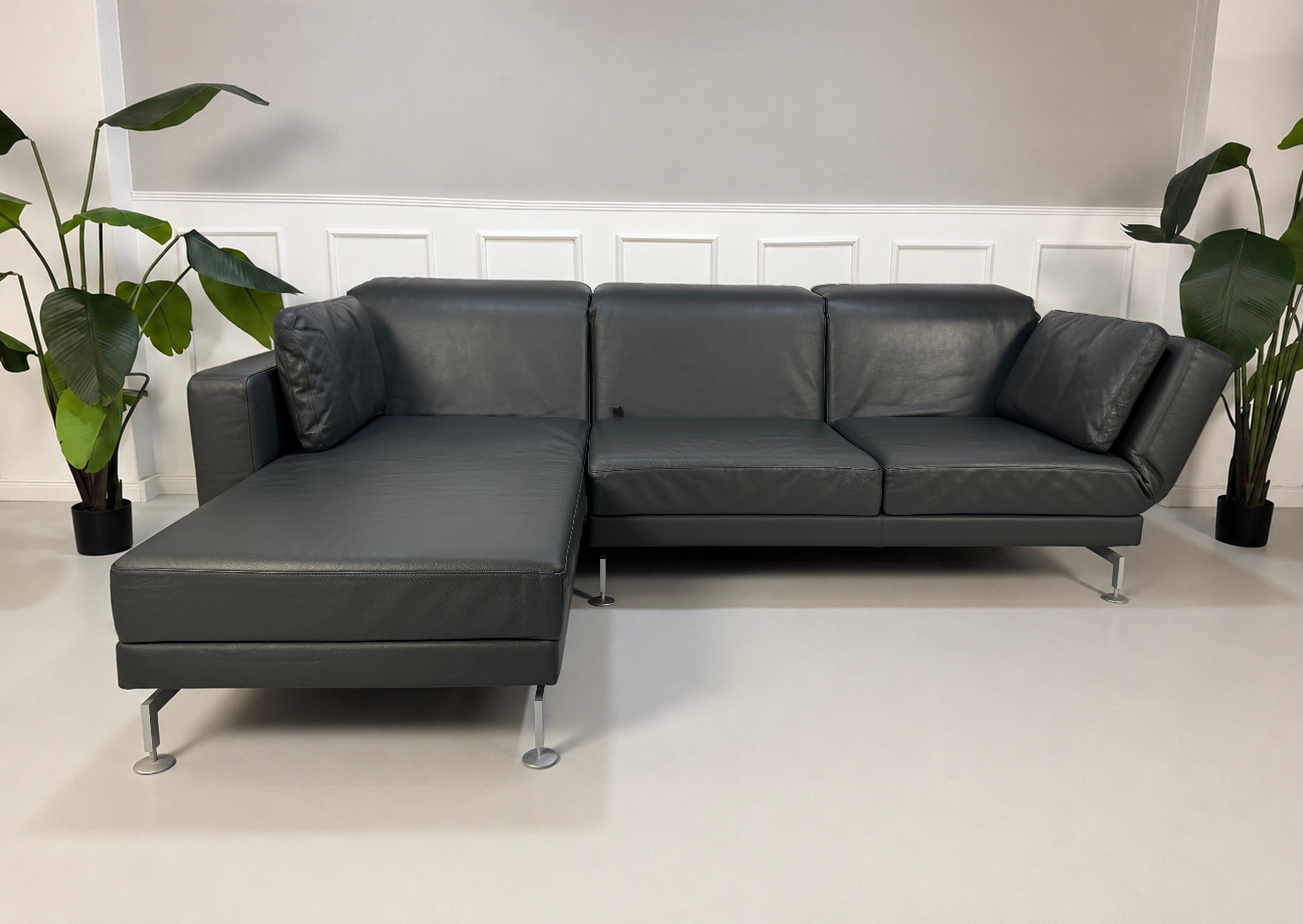 Gebrauchtes Grau Grün Brühl Moule Designer Leder Sofa vor einer Wand, stilvoll und modern eingerichtet.