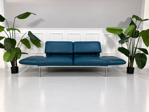 Gebrauchtes blaues Brühl Roro Medium Designer Leder Sofa vor einer Wand, stilvoll und modern eingerichtet.