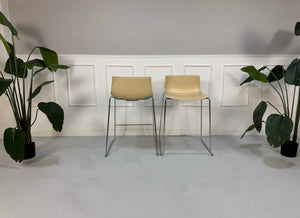 Gebrauchte beige Arper Catifa Designer Leder Stühle Barhocker vor einer Wand, stilvoll und modern eingerichtet.