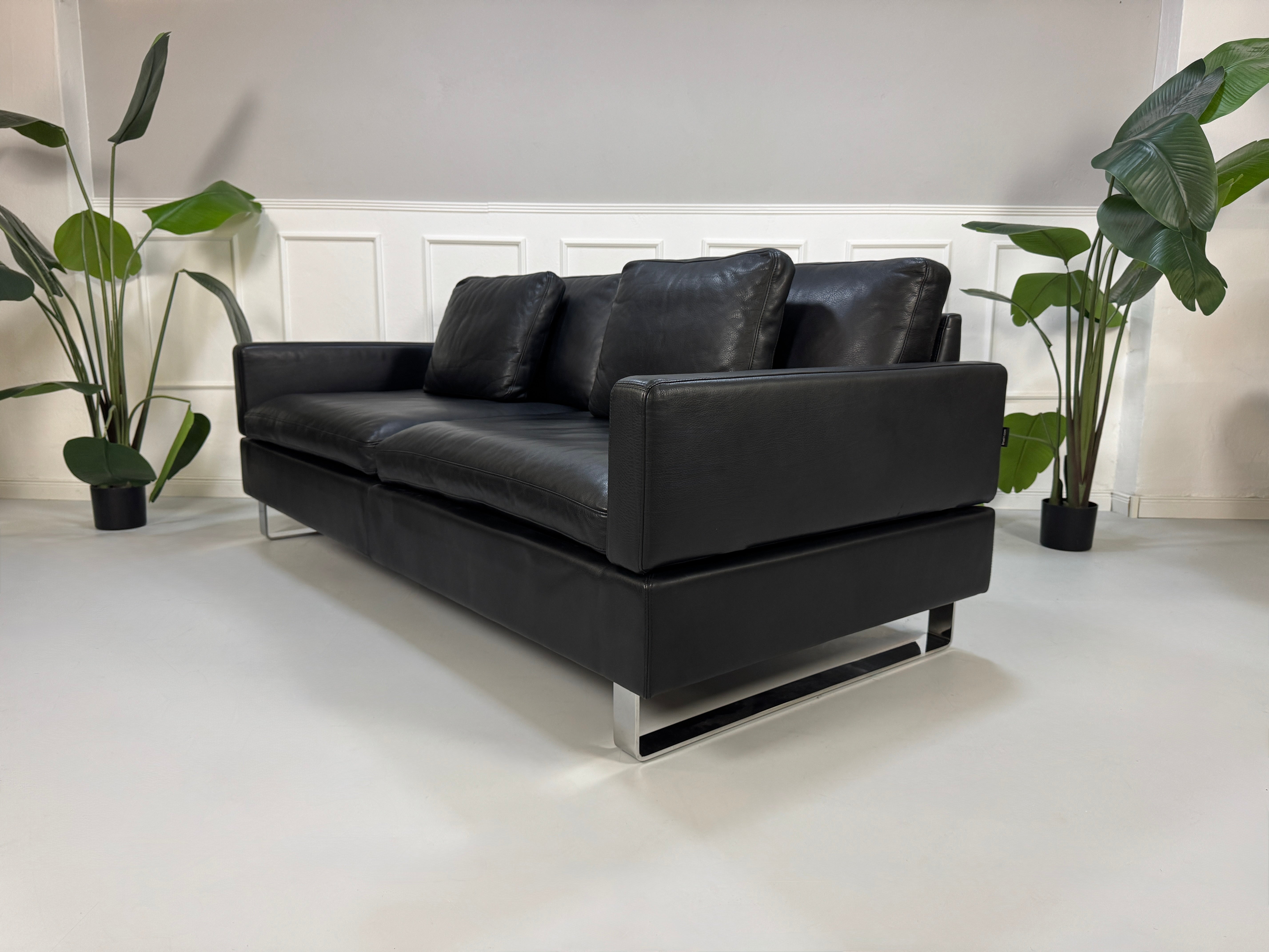 Gebrauchtes schwarzes Ledersofa Brühl Modell Alba vor einer modernen Wand