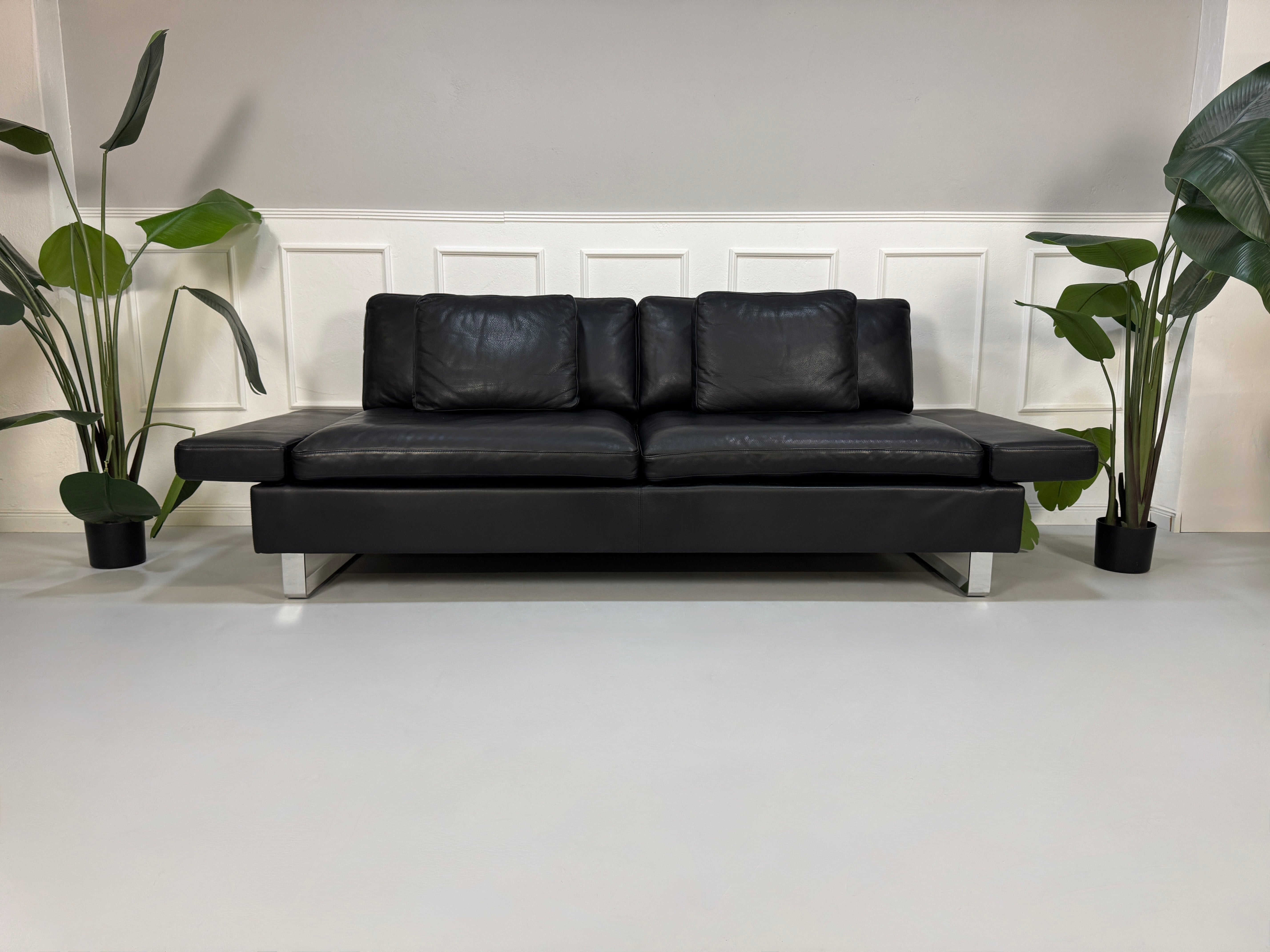 Gebrauchtes schwarzes Ledersofa Brühl Modell Alba vor einer modernen Wand