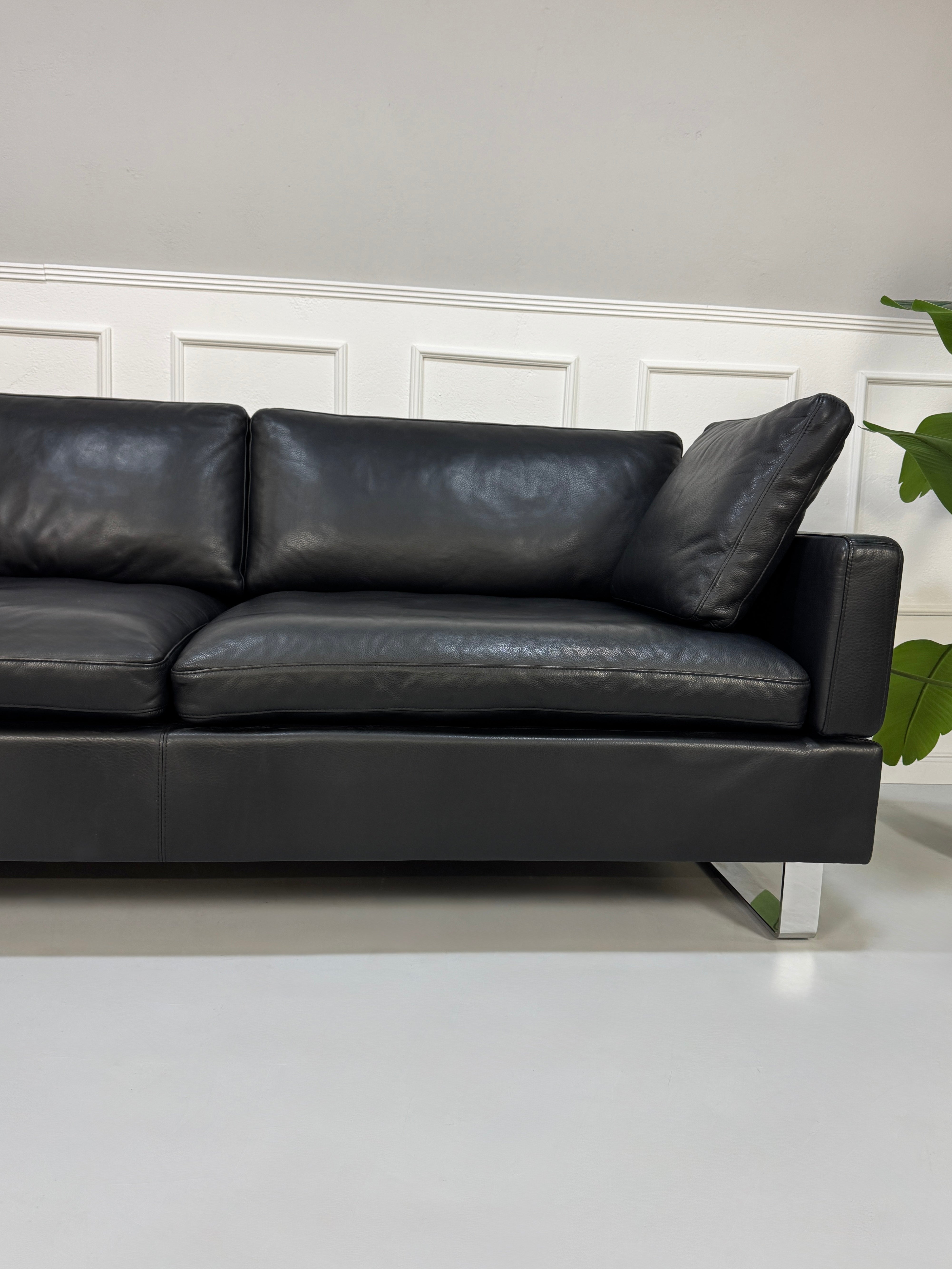Gebrauchtes schwarzes Ledersofa Brühl Modell Alba vor einer modernen Wand