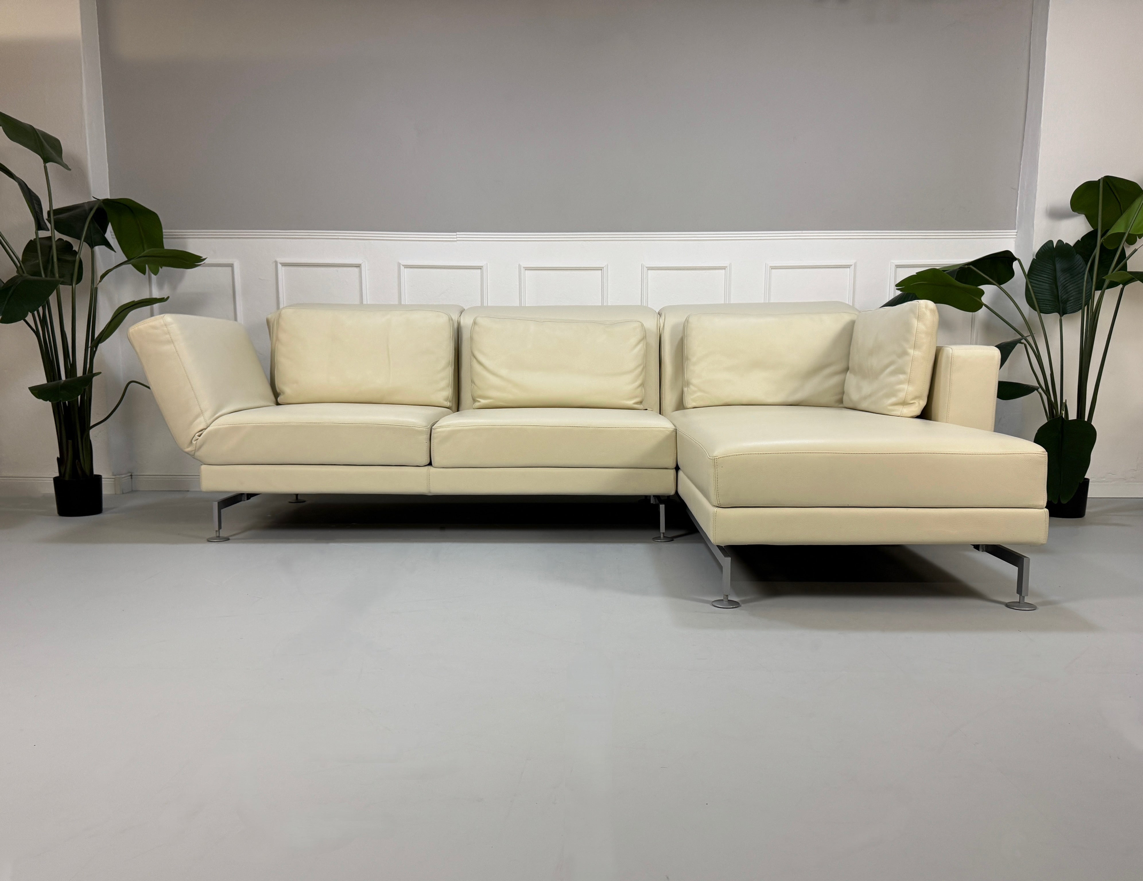 Gebrauchtes beiges Brühl Moule Designer Leder Sofa vor einer Wand, stilvoll und modern eingerichtet.