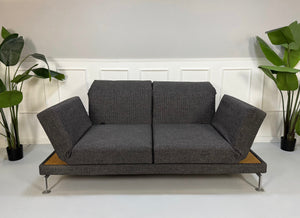 Ausstellungsstück Brühl Moule Designer Stoff Sofa in Grau vor einer Wand, stilvoll und modern eingerichtet.