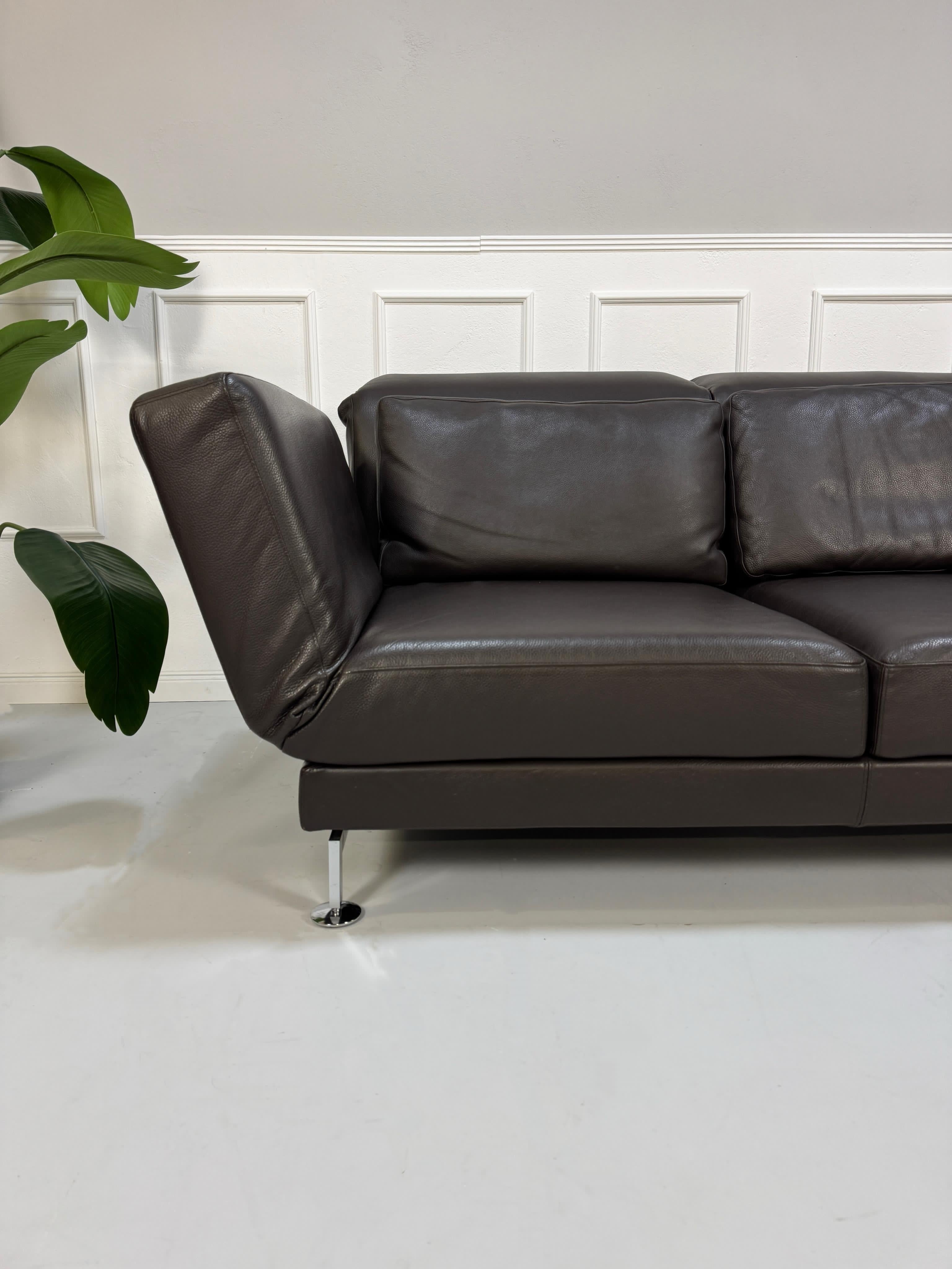 Gebrauchtes braunes Brühl Moule Designer Leder Sofa mit Schlaffunktion vor einer Wand, stilvoll und modern eingerichtet.