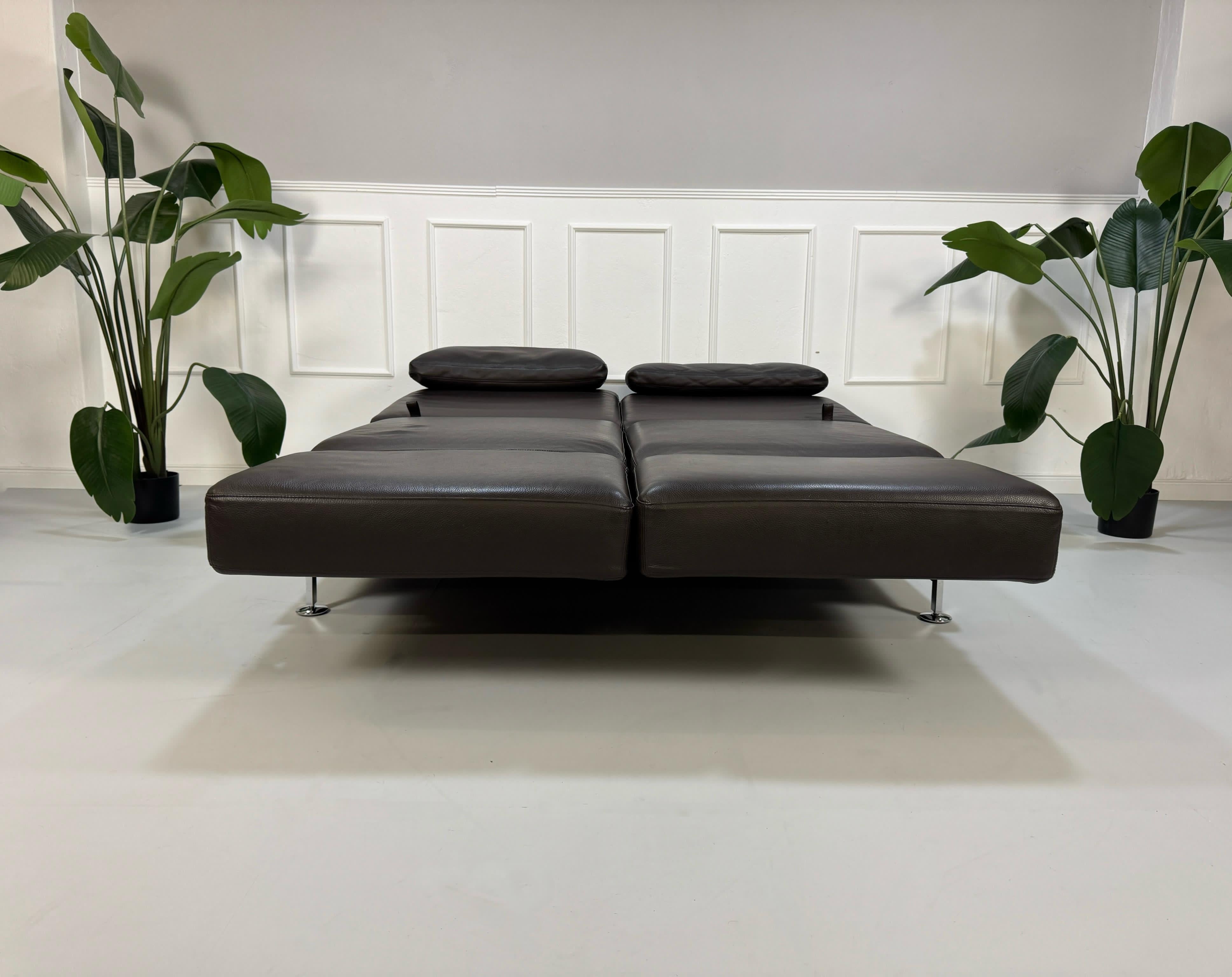 Gebrauchtes braunes Brühl Moule Designer Leder Sofa mit Schlaffunktion vor einer Wand, stilvoll und modern eingerichtet.