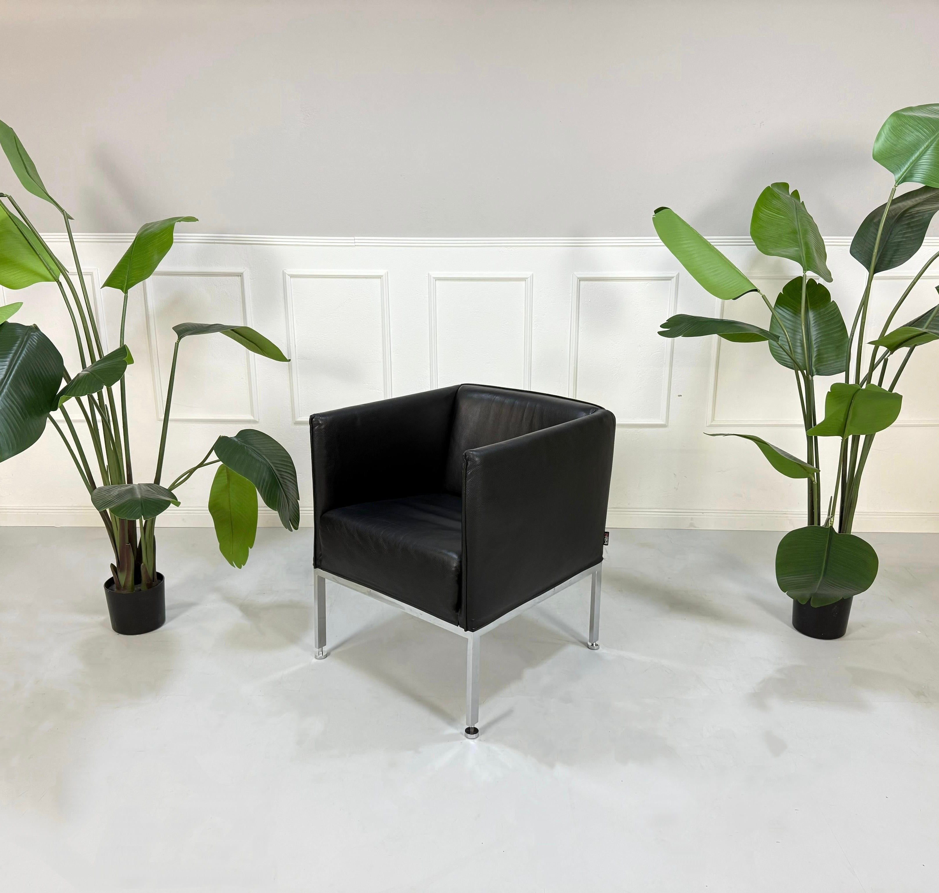 Gebrauchtes schwarzes Brühl Roro Designer Leder Sofa vor einer Wand, stilvoll und modern eingerichtet mit einem Brühl Randolph Sessel.