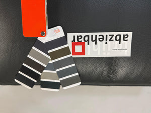 Erneuertes graues Brühl Roro Soft Designer Leder Sofa vor einer Wand, stilvoll und modern eingerichtet.