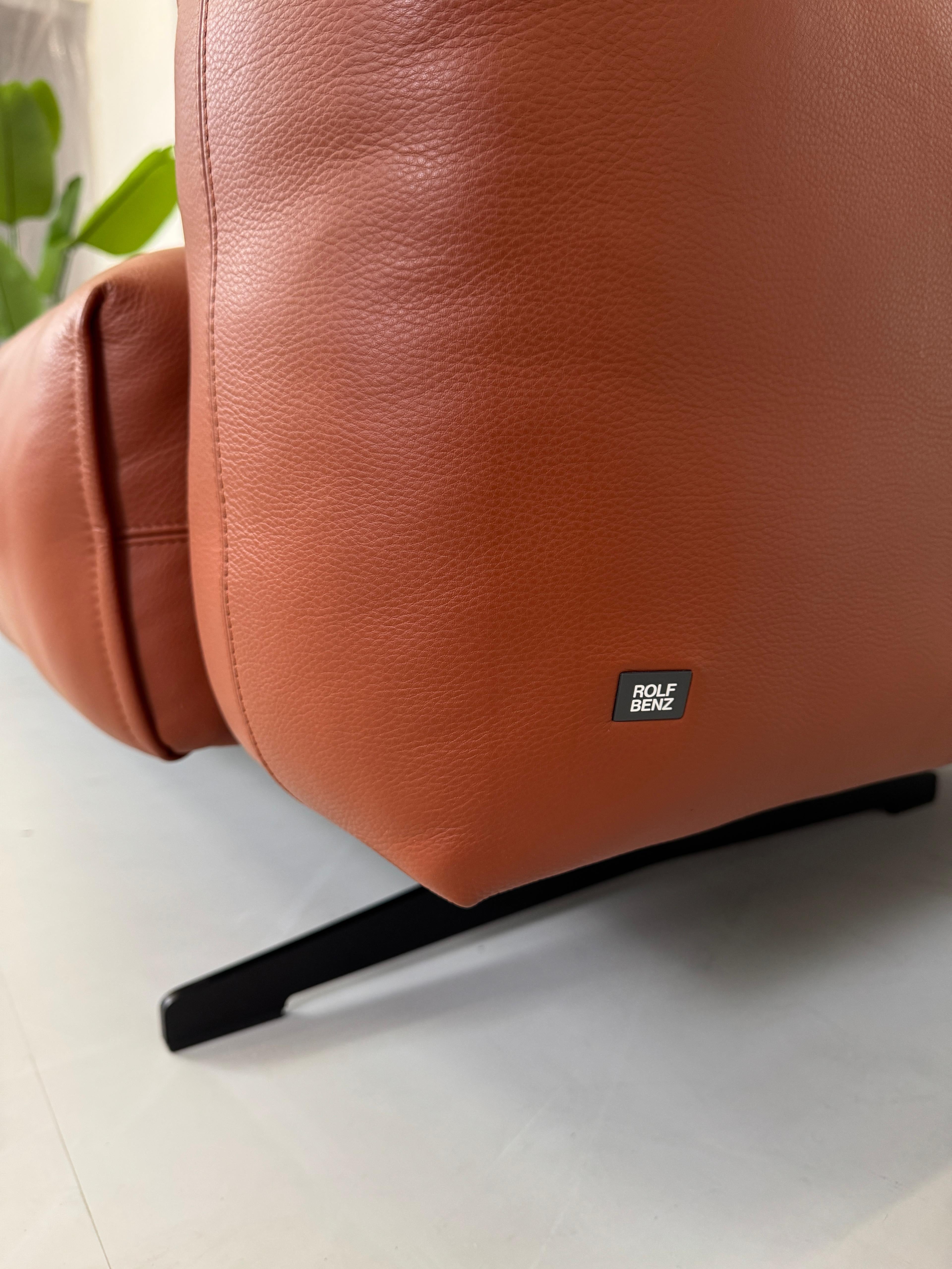 Erneuertes braunes Rolf Benz 50 Designer Leder Sofa vor einer Wand, stilvoll und modern eingerichtet.