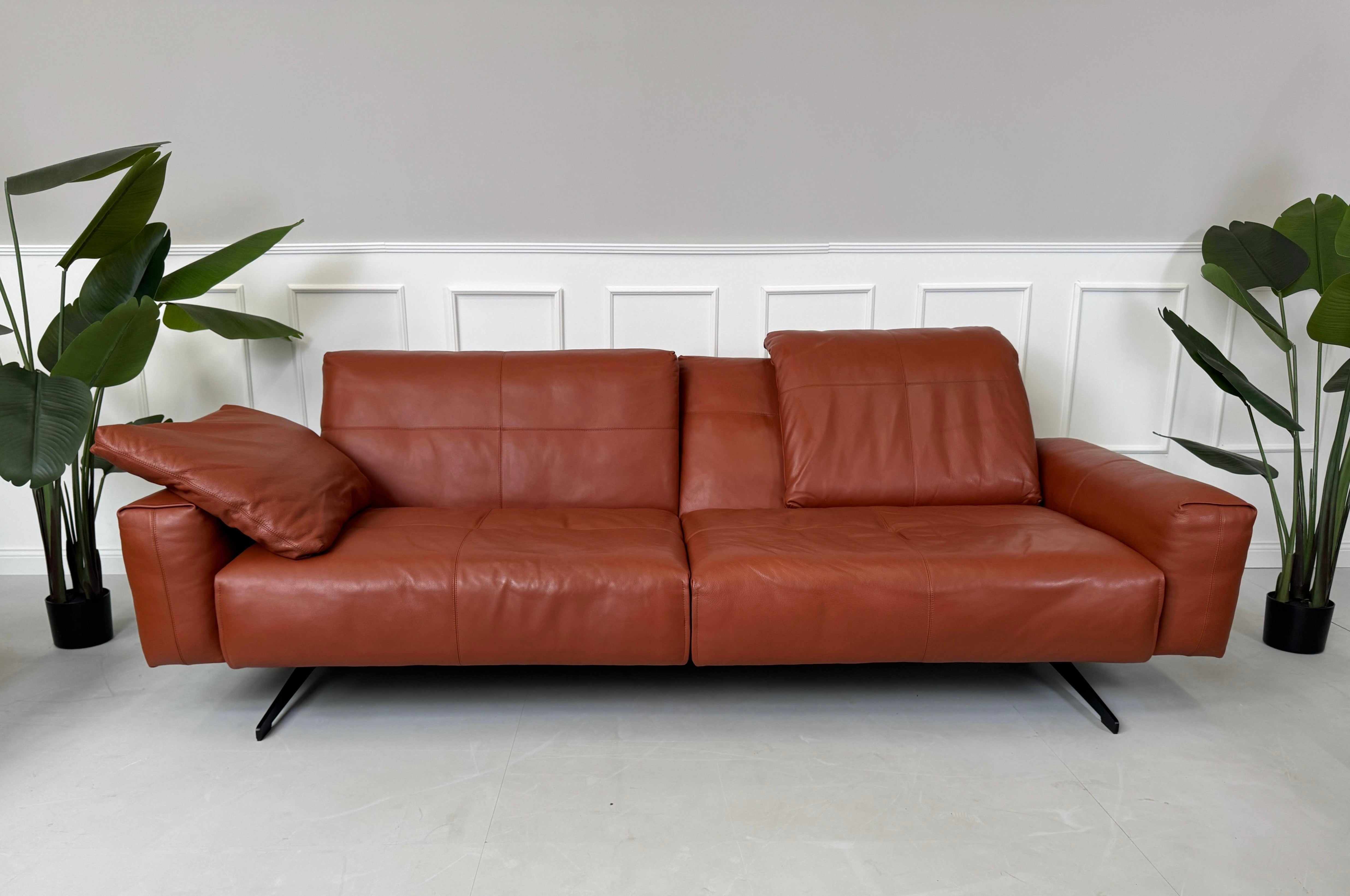 Erneuertes braunes Rolf Benz 50 Designer Leder Sofa vor einer Wand, stilvoll und modern eingerichtet.
