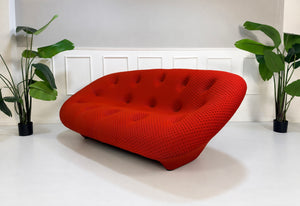 Gebrauchtes rotes Ligne Roset Ploum Designer Stoff Sofa vor einer Wand, stilvoll und modern eingerichtet.
