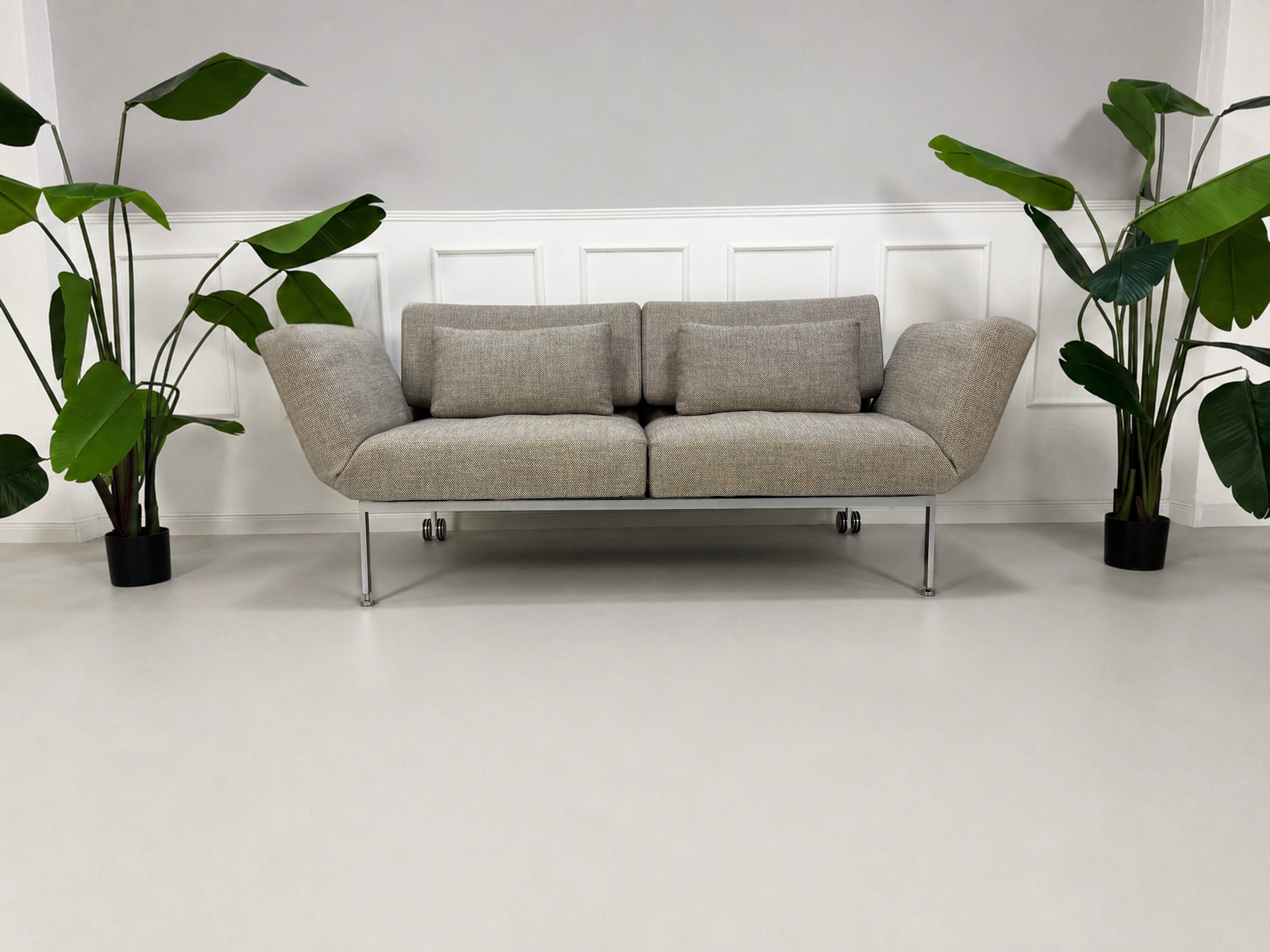 Gebrauchtes graues Brühl Roro Soft Designer Stoff Sofa vor einer Wand, stilvoll und modern eingerichtet.